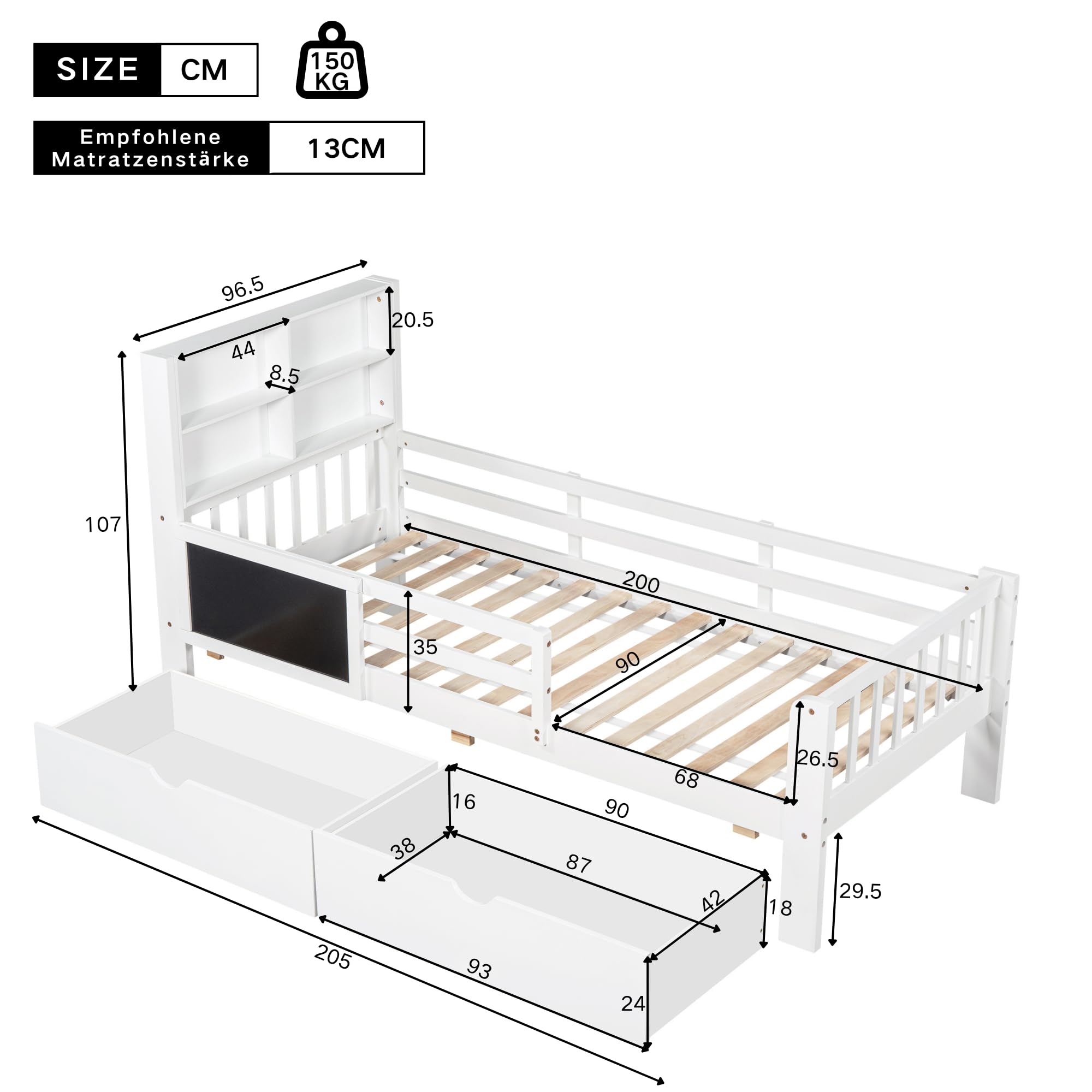 Cama Infantil 90 x 200cm, Cama Individual con Varias Funciones, Protección Anti-Caída y Somier, Cama para Niños con Cajones y Pizarra, sin Colchón, Blanco