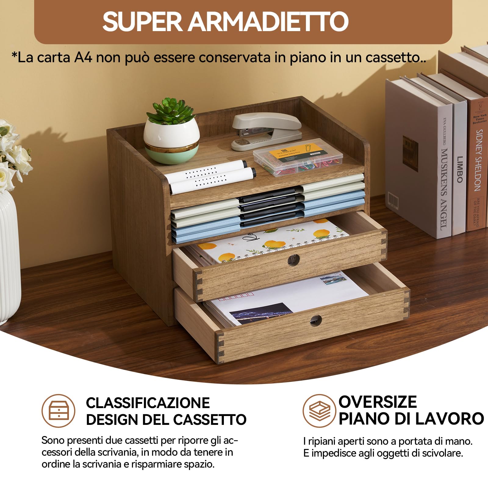 KIRIGEN Organizzatori da tavolo in legno con cassetti per la casa e l'ufficio forniture per ufficio scatola portaoggetti in legno con 2 cassetti e 1 mensola, marrone scuro