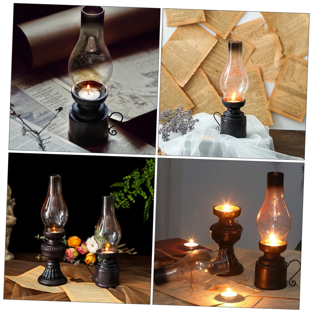 2 Pièces Lampe à Huile Modèle Vintage en Résine et Verre