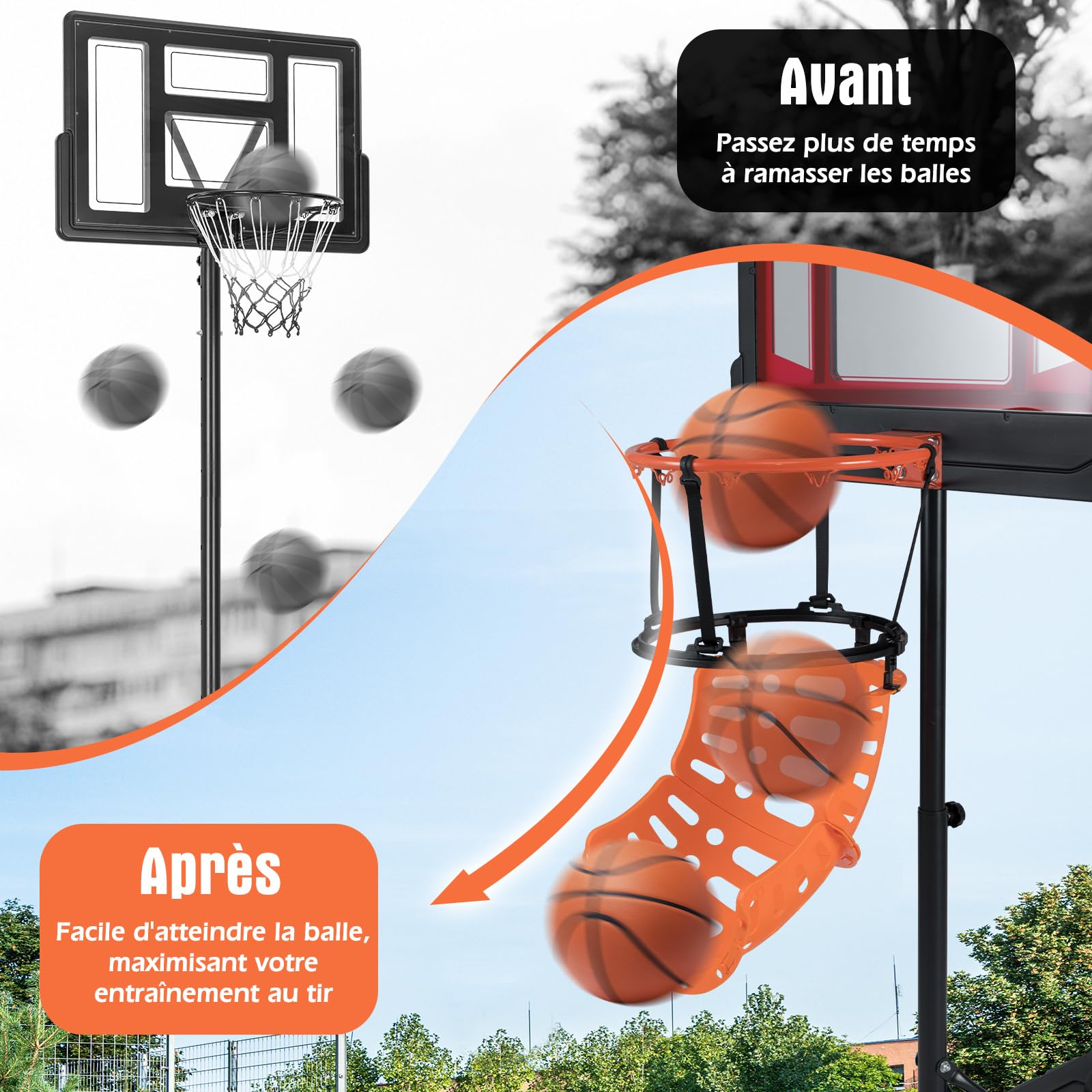 GOPLUS Retour de Ballon de Basket Rotatif à 360°, Système de Retour de Balle avec 4 Crochet pour Fixation Robuste, Accessoire pour Panier de Basket Jusqu’à 46 CM, Hauteur Réglable, pour Adulte, Enfant