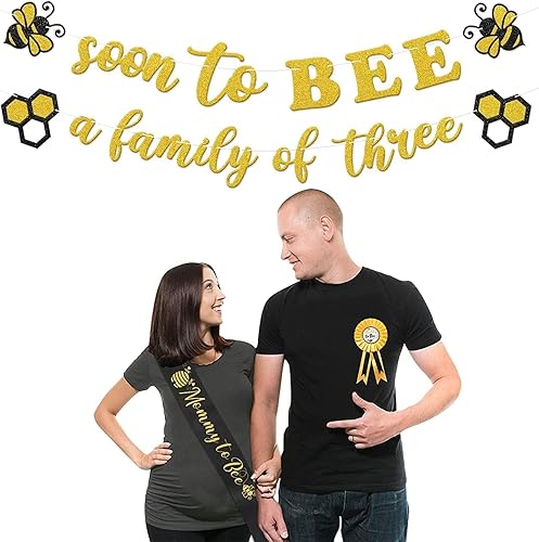 Miniatura 5 de Bumble Bee - Juego de decoración para baby shower, Soon to Bee A Family of Three Banner Mom to Bee Sash Daddy to Bee Insignia temática de abeja,