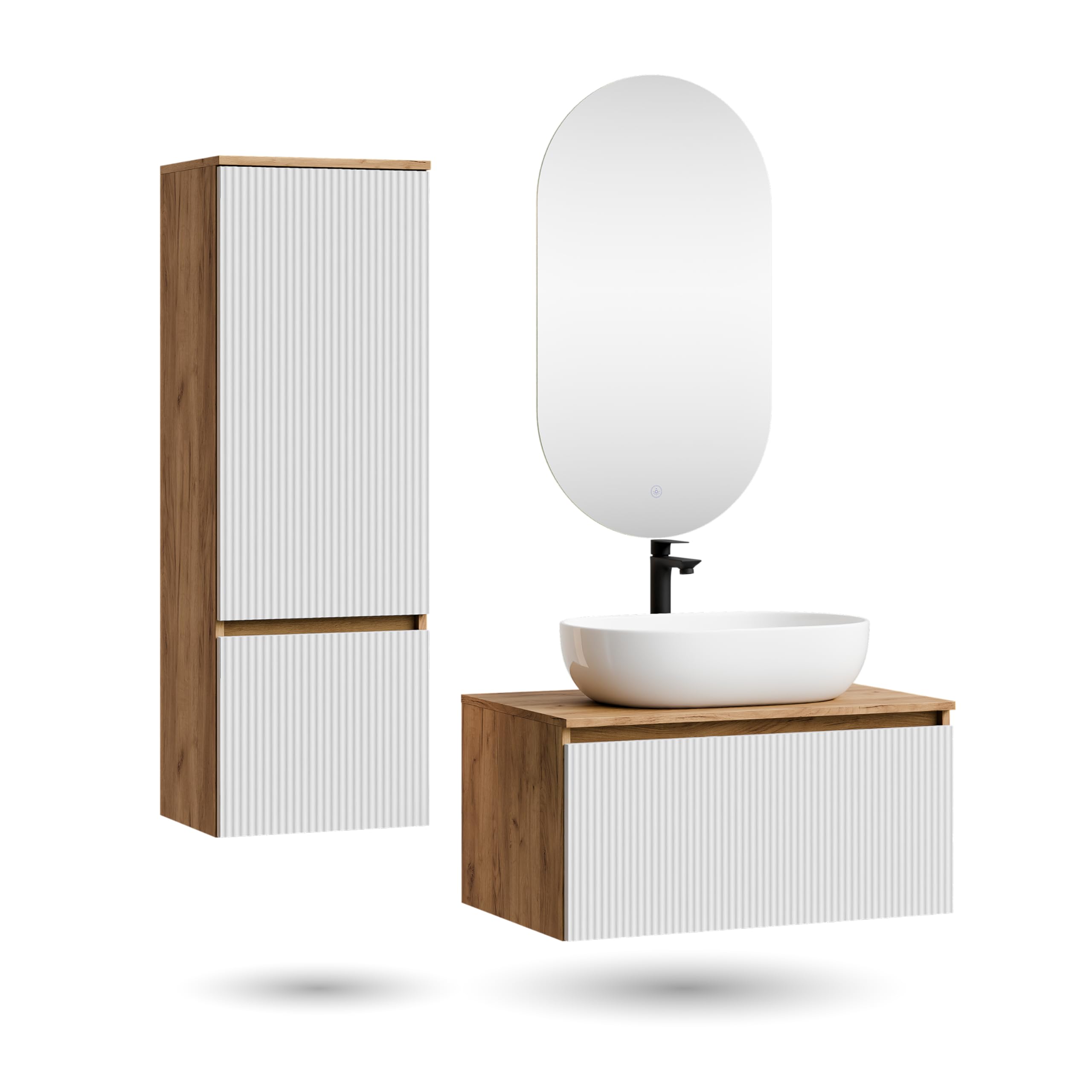 Planetmöbel Arisa - Conjunto de muebles de baño con mueble bajo, 80 cm, color roble dorado blanco (estriado) con espejo LED y mueble alto, lavabo de 60 cm, color: Blanco