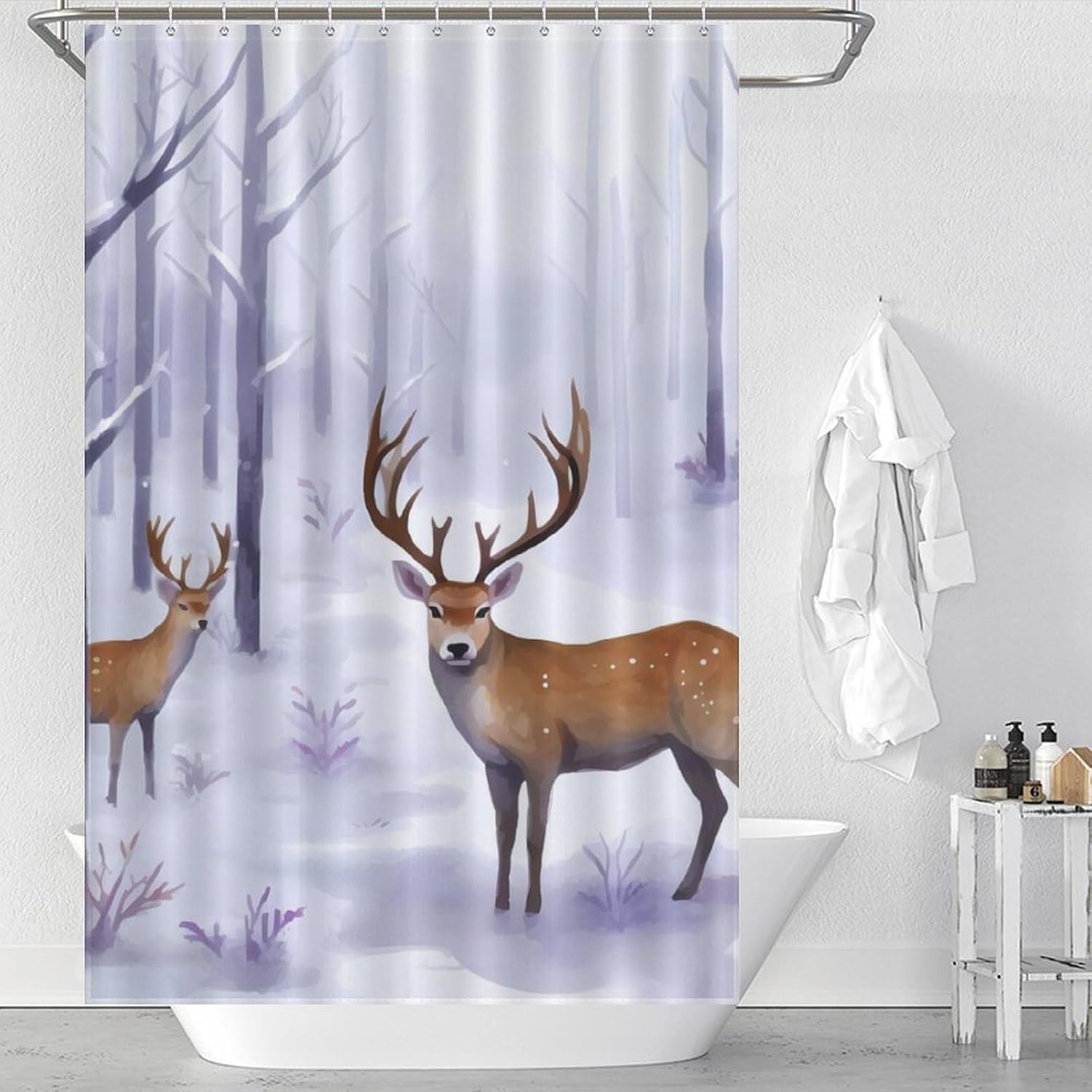 Deers Winter Forests Funny Shower Curtains Washable Bath Curtain Liner with Hooks for Bathroom Bath Tubs