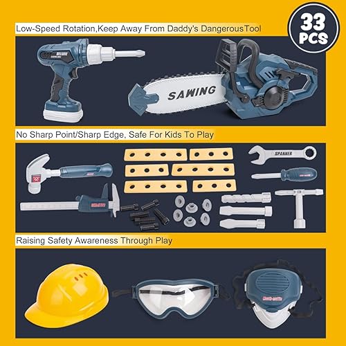 Miniatura 6 de Juego de herramientas eléctricas para niños con motosierra de juguete, juego de herramientas para niños pequeños con taladro de juguete eléctrico,