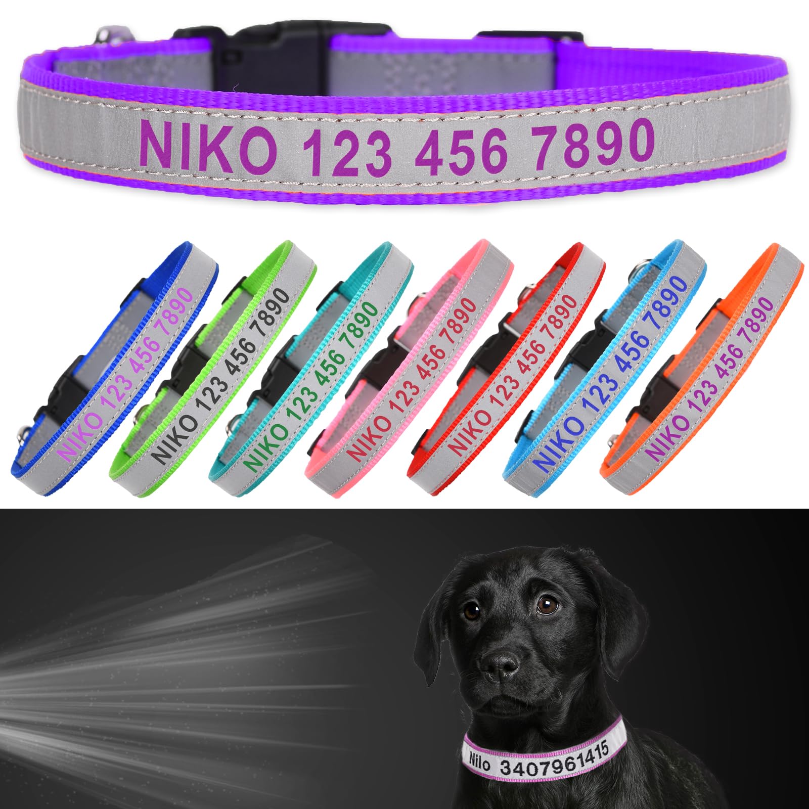 Reflective Personalized Dog Collar - Custom Embroidered Pet Name and Phone Number with Adjustable Nylon Buckle Collars in 5 Sizes XS to XL for Boy and Girl Dogs,Puppy,Purple