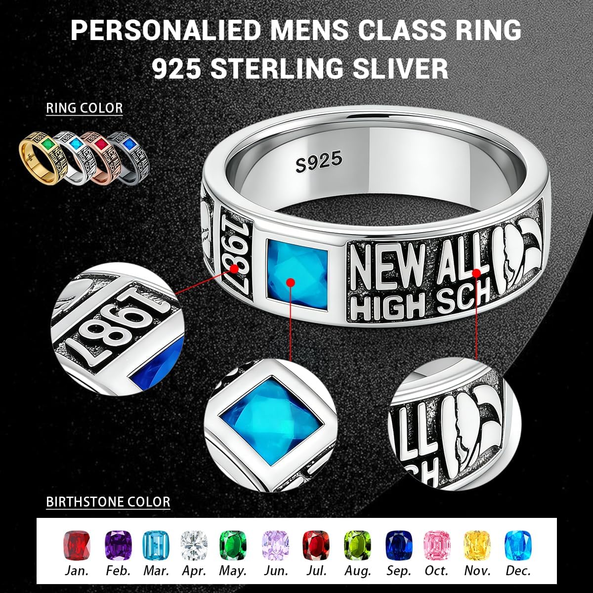 Sterling Silver Class Rings Personalized Custom Rings Class Rings for Women High School Birthstone Rings Graduation Rings Size 5-15 College Rings for Women
