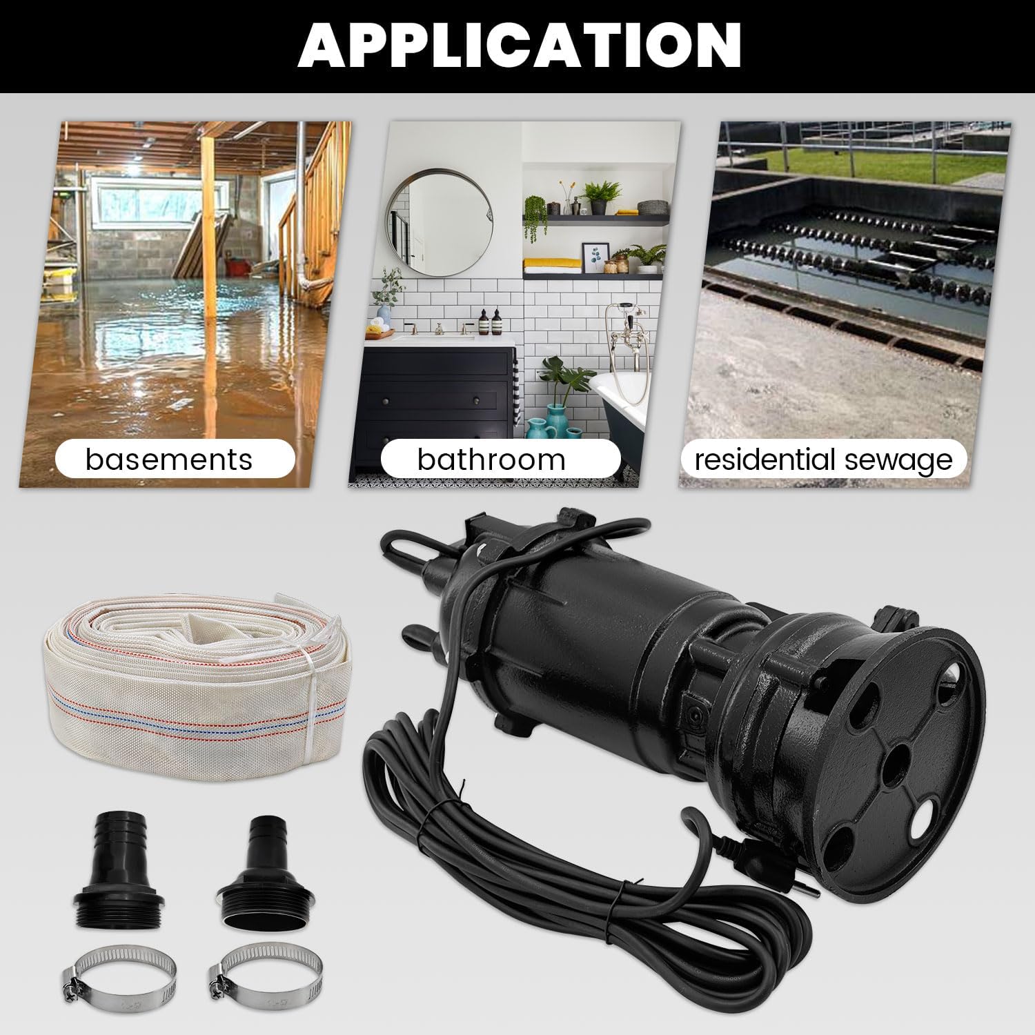 2HP 110V Submersible Sump Pump, 6498GPH Cast Iron Sewage/Effluent Pump 1500W w/66ft Hose and Automatic Float Switch, For Basement Sump and Sewage Well, 2 inch Discharge