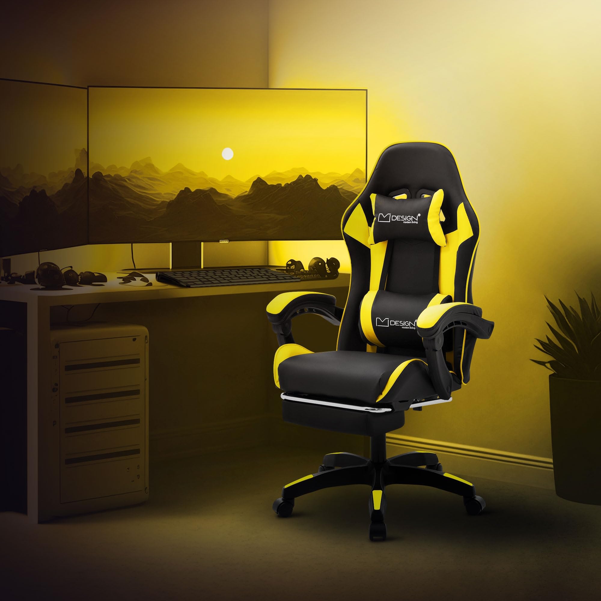 ML-Design Sedia da Gaming Ergonomica in Similpelle Giallo, Poggiapiedi, Braccioli, Poggiatesta, Cuscino Lombare, Stile Racing, Poltrona da Gioco Girevole e Regolabile, Ideale per Scrivania o Ufficio