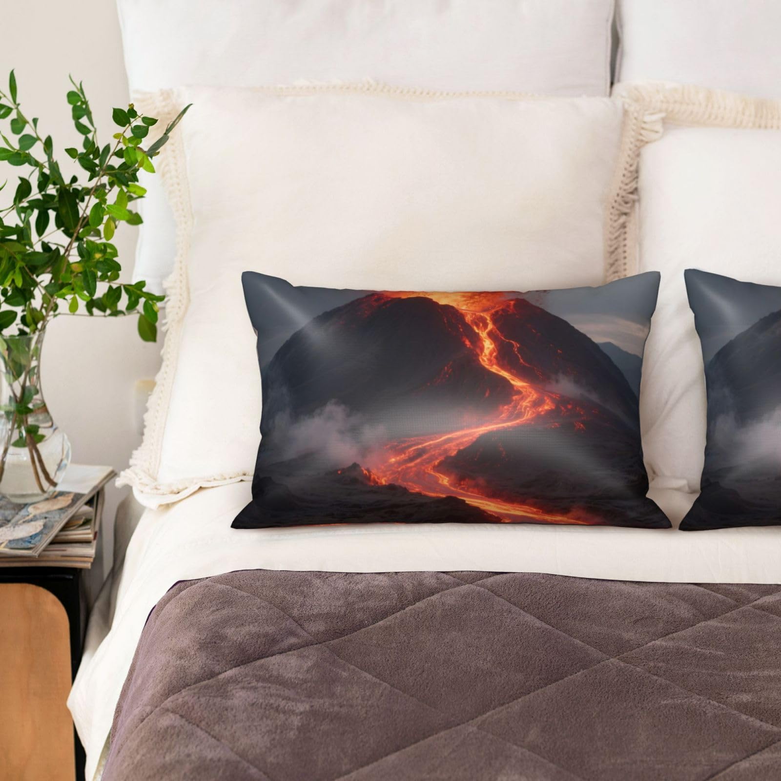Volcano Satin Pillowcase for Hair and Skin Set of 2,Ultra Smooth Soft Breathable Cooling Pillow Cases Queen Size 20x30 Inch Bed Pillowcovers with Hidden Zipper Cushion Case Gifts for Women Men