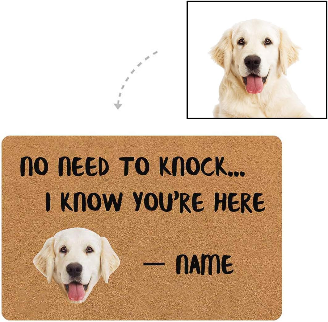 MyPupSocks Personalized Custom Doormat Dog Face Photo No Need to Knock I Know You are Here Dog's Name Custom Door Mats Outdoor