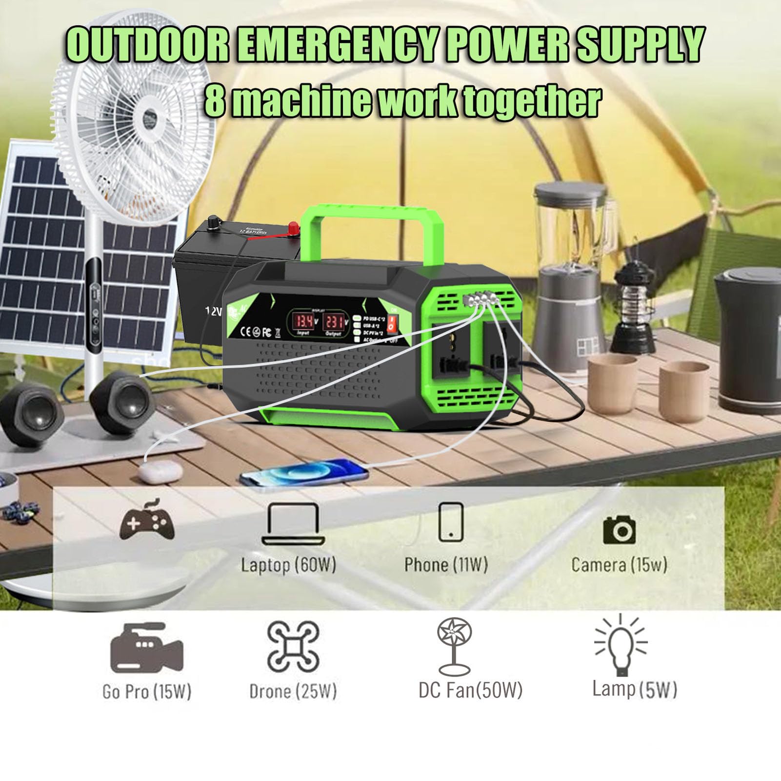 Falownik Samochodowy 300 W, Konstrukcja ABS, Konwerter Prądu Stałego na Prąd Zmienny 300 W z 4 Portami USB i 2 Gniazdami Prądu Przemiennego do Wycieczek Samochodowych i Biwakowania