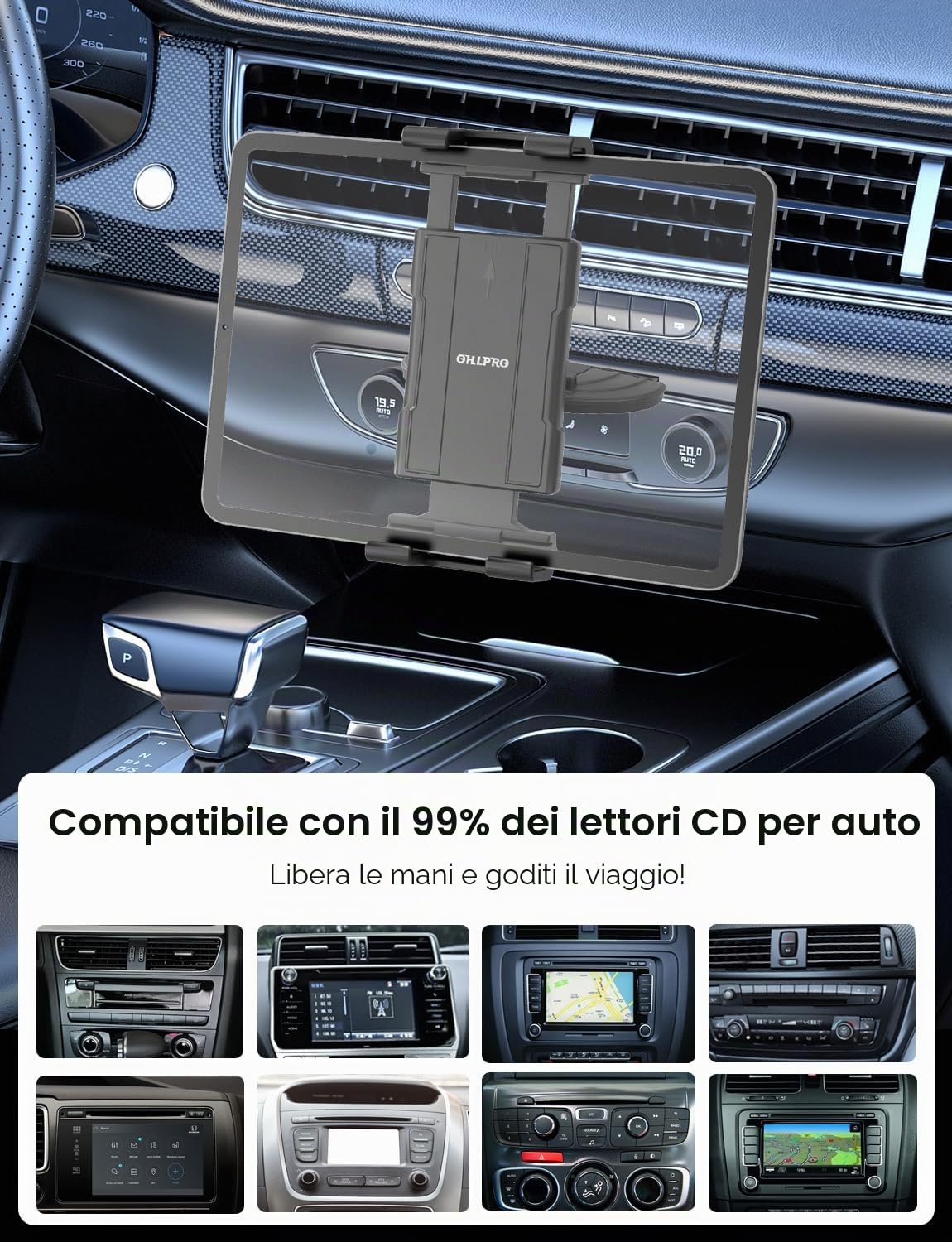 OHLPRO Supporto Tablet Auto CD, Porta Tablet Auto CD Slot con 360° Girevole Clip Pieghevole universale per 5-13" Dispositivo iPad Smartphone Galaxy Tab iPhone