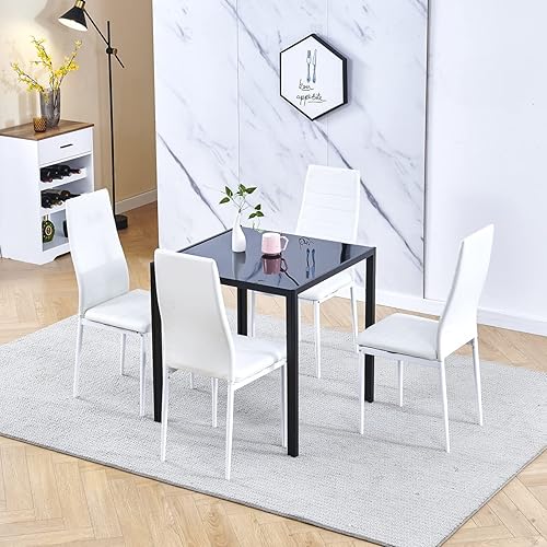 Juego de 4 mesas de comedor y sillas de comedor de cristal negro de 5 piezas, moderna mesa cuadrada de cocina pequeña y 4 sillas de comedor que