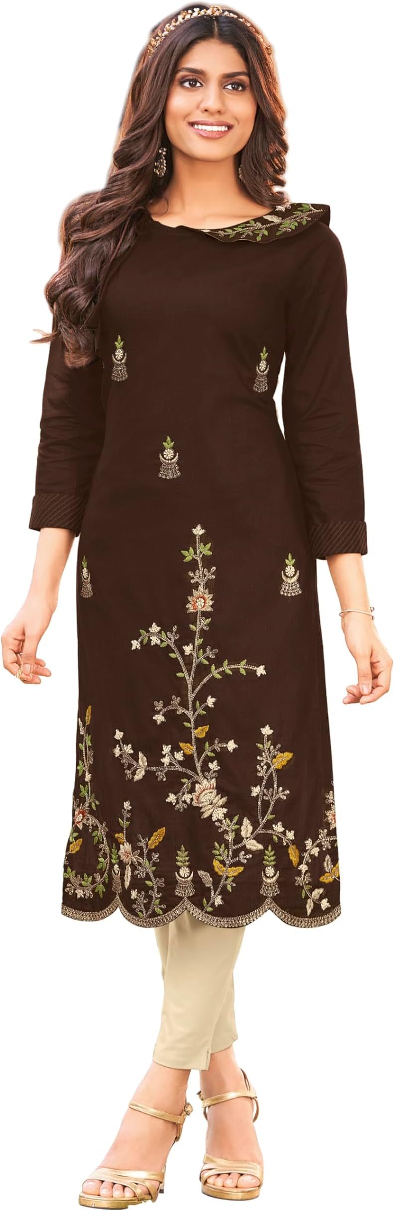 Shruti Tattva Art of ClothingShivikaa Clothing Women's Cotton Coffee Straight Embroidered Top