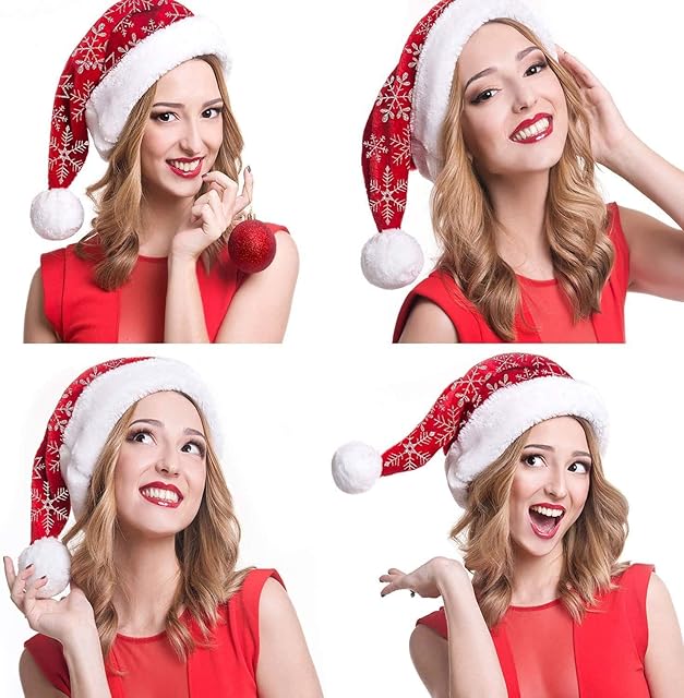 LessMo 4 Packs Santa Hat For Adults and Teens, Unisex Christmas Hats Xmas Holiday Hat Extra Classic Fur Santa Hats for Christmas New Year Festive Holiday Party Supplies