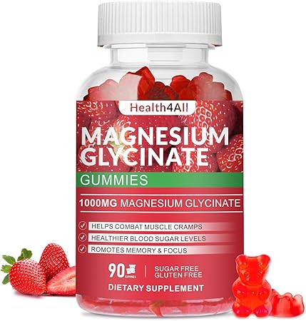 Magnesium Glycinate Gummies 1000mg, High Absorption Sugar Free Magnesium Potassium Supplement for Relaxation, Stress Relief, and Sleep Support for Adults & Kids - 90 Strawberry Gummies