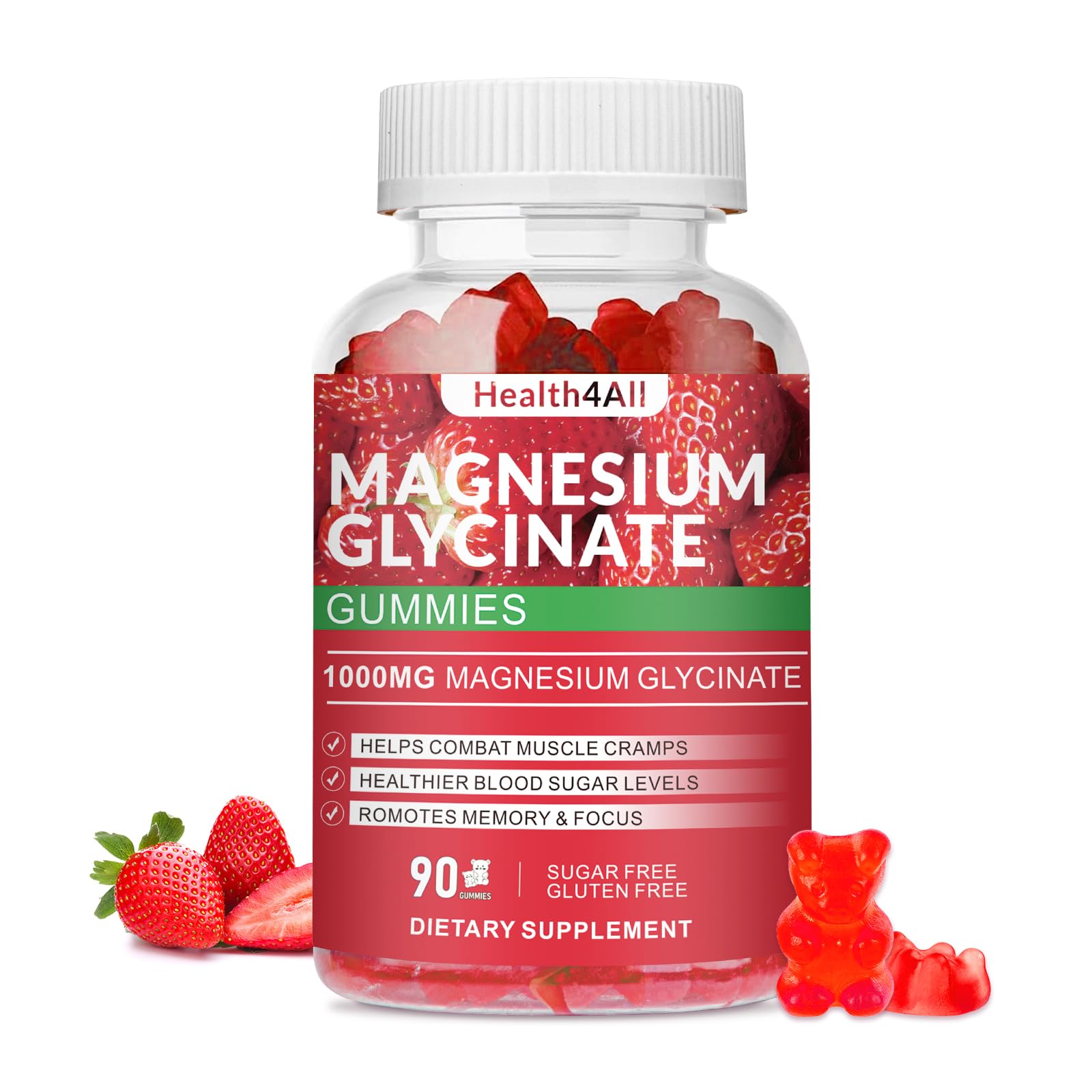 Magnesium Glycinate Gummies 1000mg, High Absorption Sugar Free Magnesium Potassium Supplement for Relaxation, Stress Relief, and Sleep Support for Adults & Kids - 90 Strawberry Gummies Strawberry 90 Count (Pack of 1)