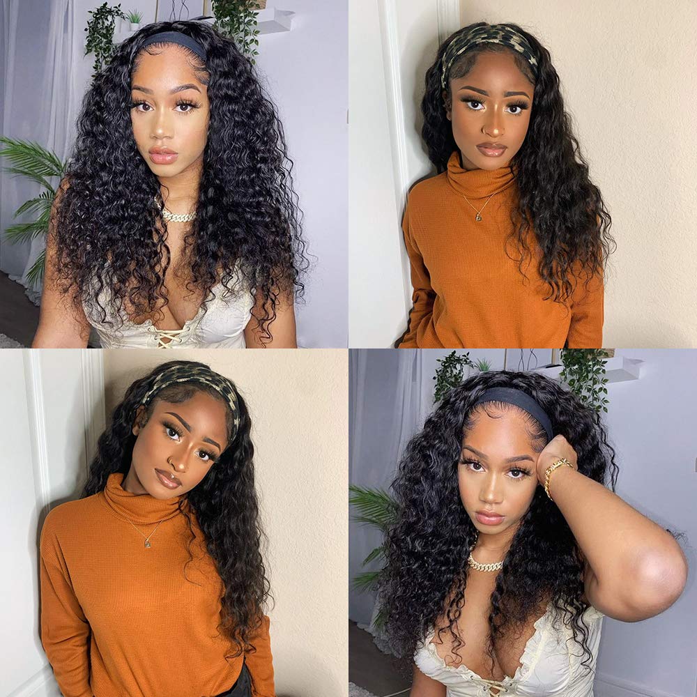 Deep Wave Headband Wig Remy Human Hair Wigs For Black Women Brazilian Virgin Hair Wigs None Lace Wigs With Free Headbands Deep Curly Wigs 180% Density Natural Color 24 Inch