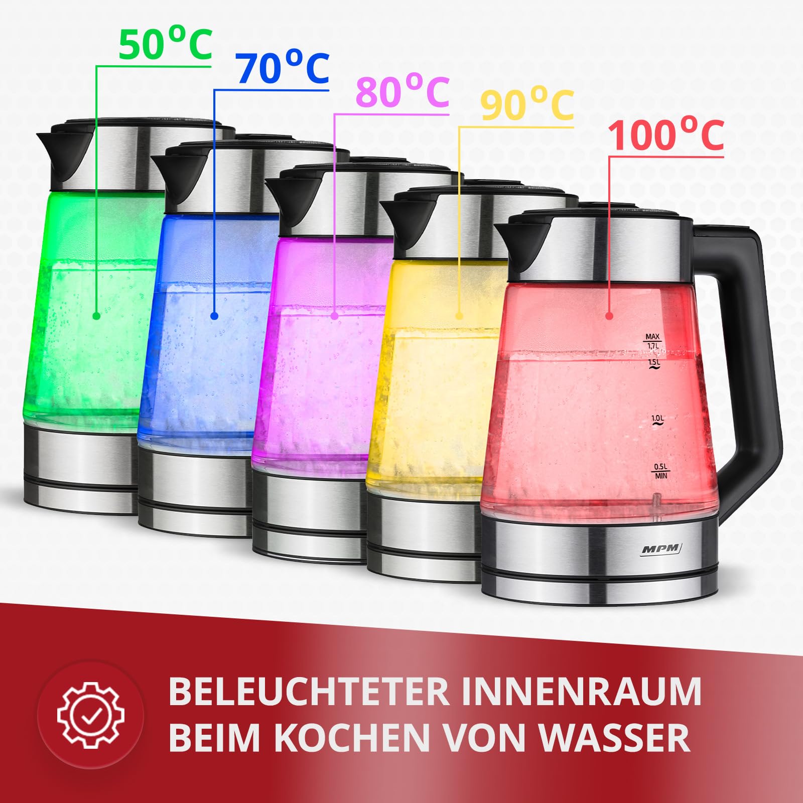 MPM MCZ-116 - Hervidor de agua con iluminación LED 2200 W, ajuste de temperatura 50-100 °C, carcasa de vidrio y acero inoxidable, función de mantenimiento caliente