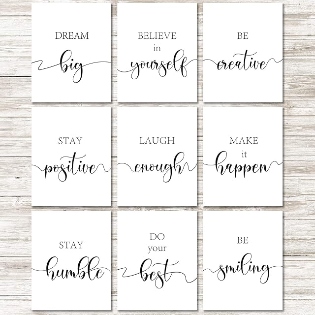 9 Pieces Inspirational Quote Wall Art Posters Motivational Quote Phrases Art Print Poster Unframed Positive Posters for Office or Living Room Home Decoration, Black and White