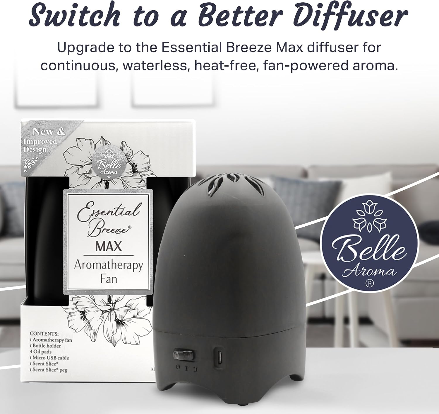 Belle Aroma Essential Breeze Max Aromatherapy Fan – Upgraded Dry Diffuser for Essential Oils or EVA Inserts – Battery or USB Powered – 30-Day Scent – No Water – for Desk, Travel, or Car - Slate image 5