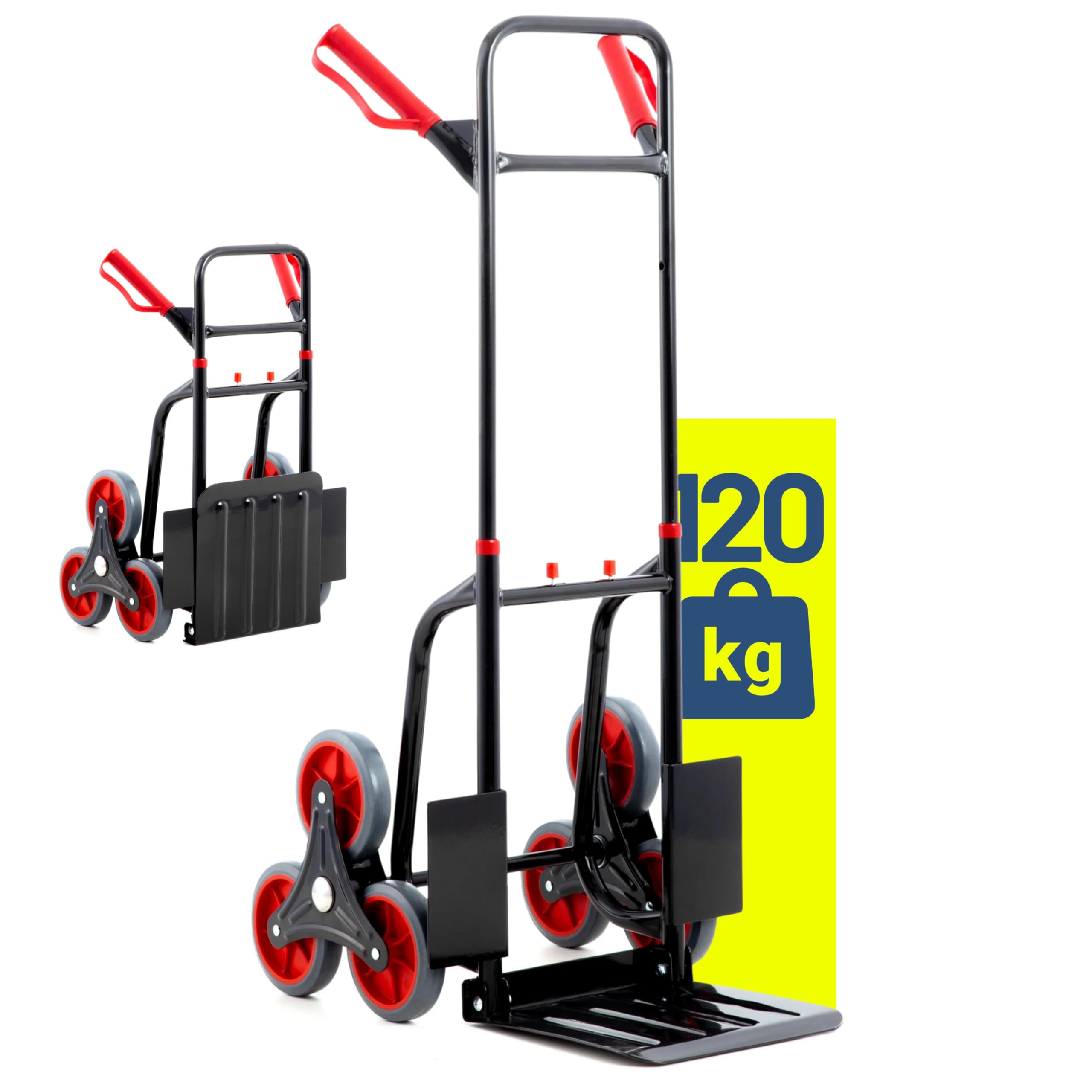 Pallit Sackkarre klappbar & höhenverstellbar [120kg] - ergonomische Treppensteiger-Transportkarre Diablo-FS aus Stahl mit 3-Räder-System als Treppensackkarre, Schubwagen oder Holztransportkarre