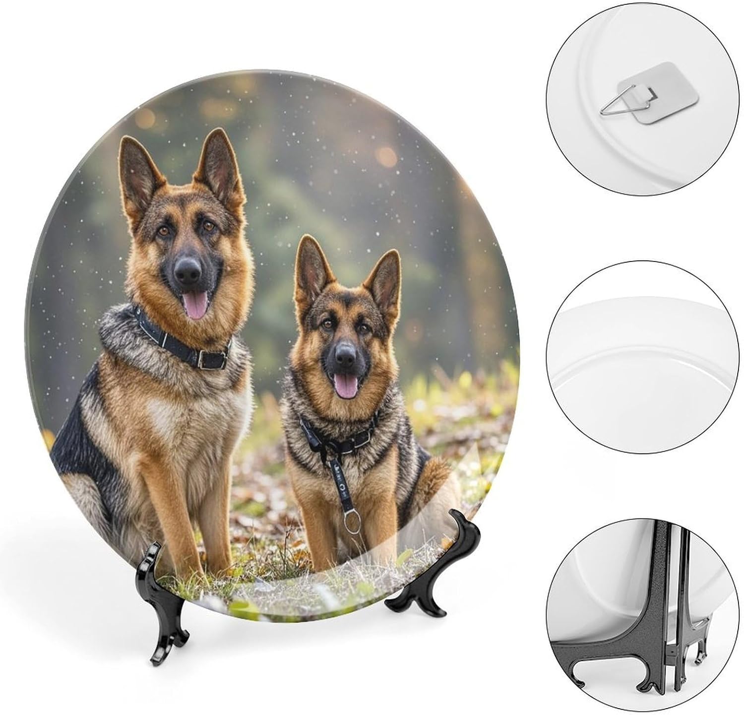 German Shepherd Dogs Ceramic Plate 10inch Decorative Bone China Wall Hanging Ornament Plates Bohemian Style Dinner Plate with Display Stand Cabinet Display Plates for Home Art Decor