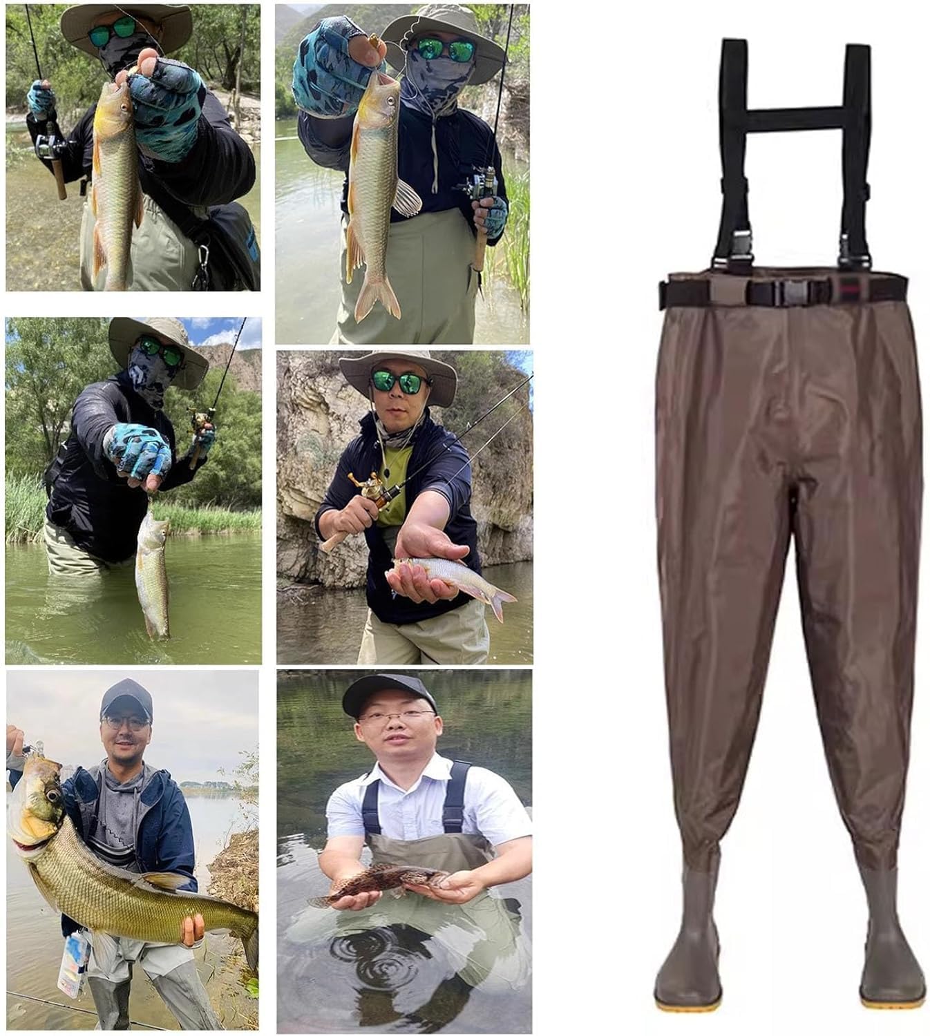Wodery z regulowanymi szelkami i paskiem, wędkarskie wodery z podeszwą z kolcami(Brown,10)