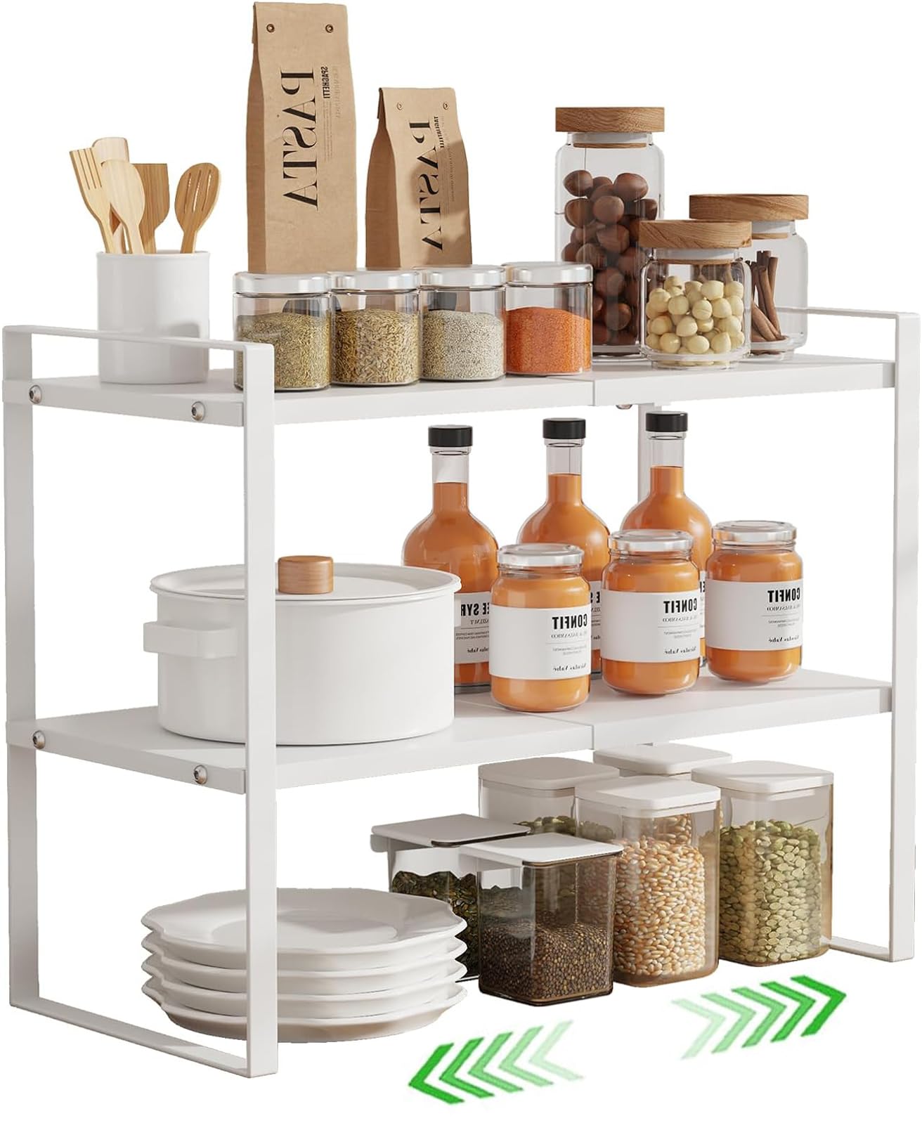 Expandable Countertop Organizer Shelf by U-HOOME, Cupboard Stand Kitchen Spice Rack,Cabinet Pantry Shelf, Organization and Storage For Kitchen Bathroom (white-2tier)