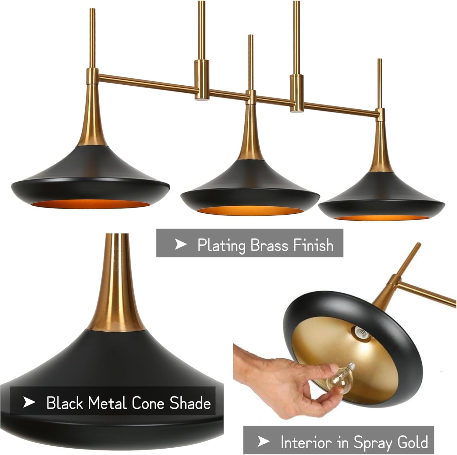 KSANA 34.6'' Black and Gold Chandelier, 3-Light Modern Kitchen Island Lighting with Metal Shade (Interior in Gold), Matte Black and Plating Brass Dining Room Chandeliers Light Fixtures Over Table