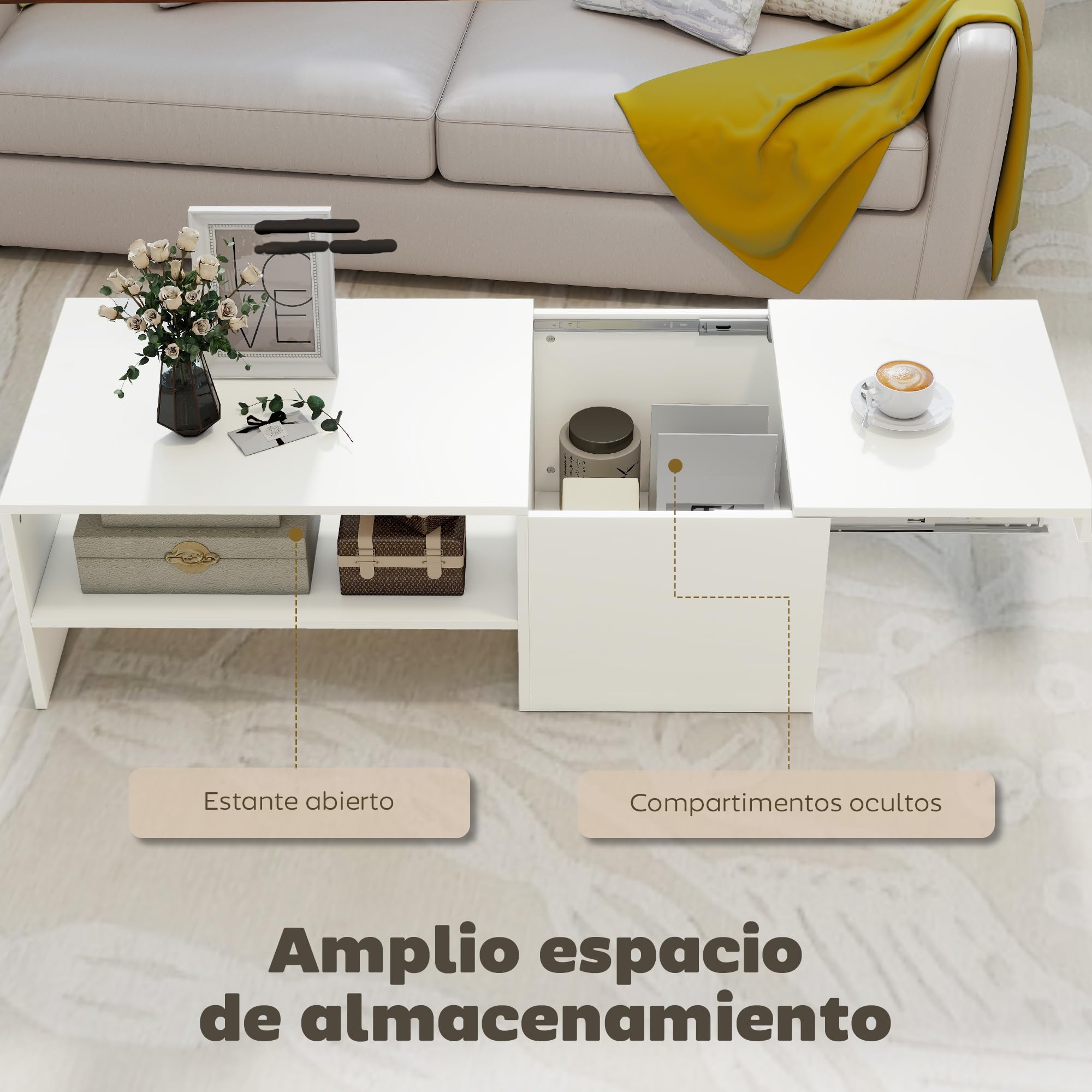 HOMCOM Mesa de Centro con Tablero Deslizante Moderna 110x52x36 cm Blanco | Mesa Baja para Salón Moderna, con Compartimento Oculto, Estante Abierto, para Comedor, Oficina