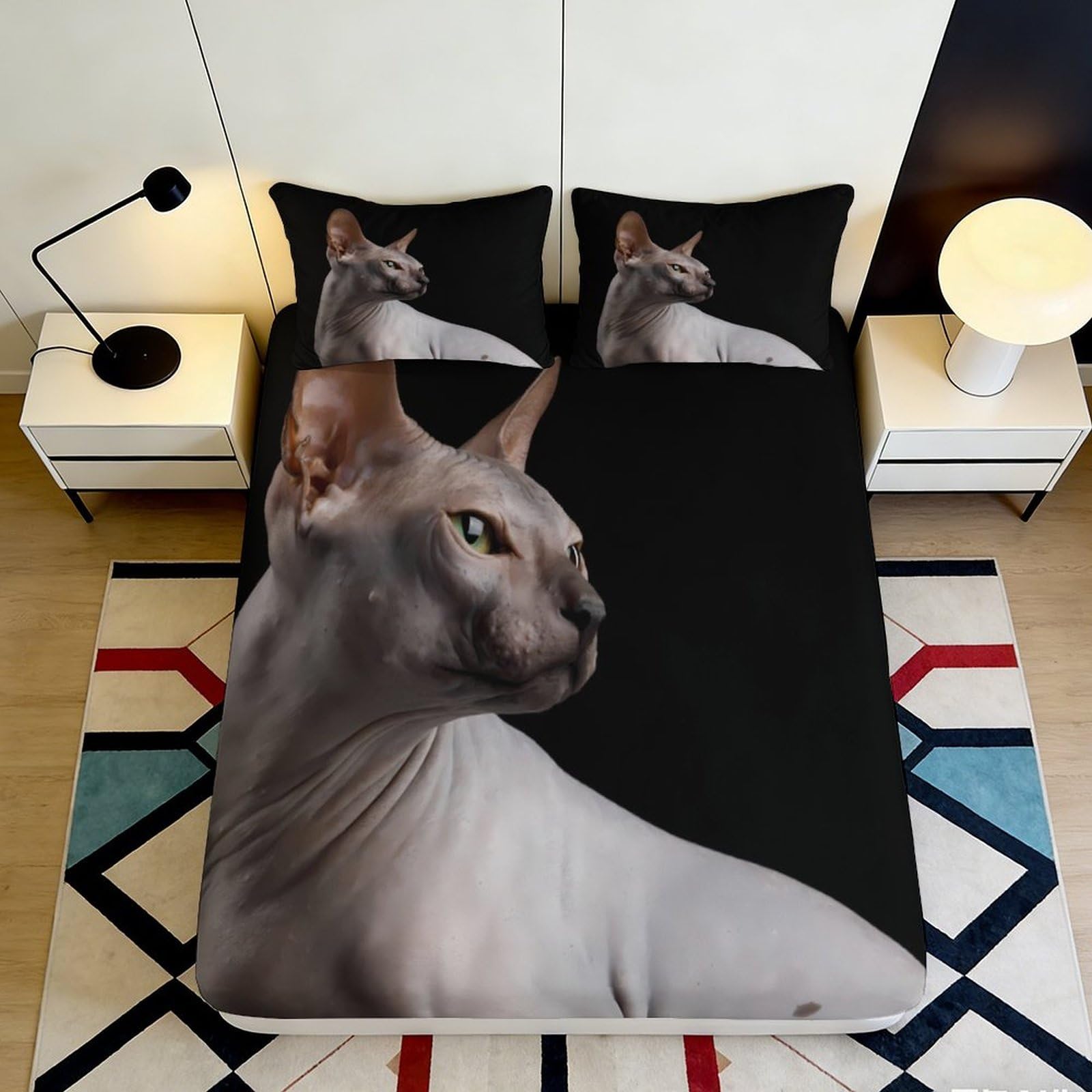 3D Printed Sphynx Cat Pattern Fitted Sheet Microfiber Deep Pocket Bedroom Bedding Elastic Hem Cat Mattress Fitted Cover Washable Home 160x200x25cm