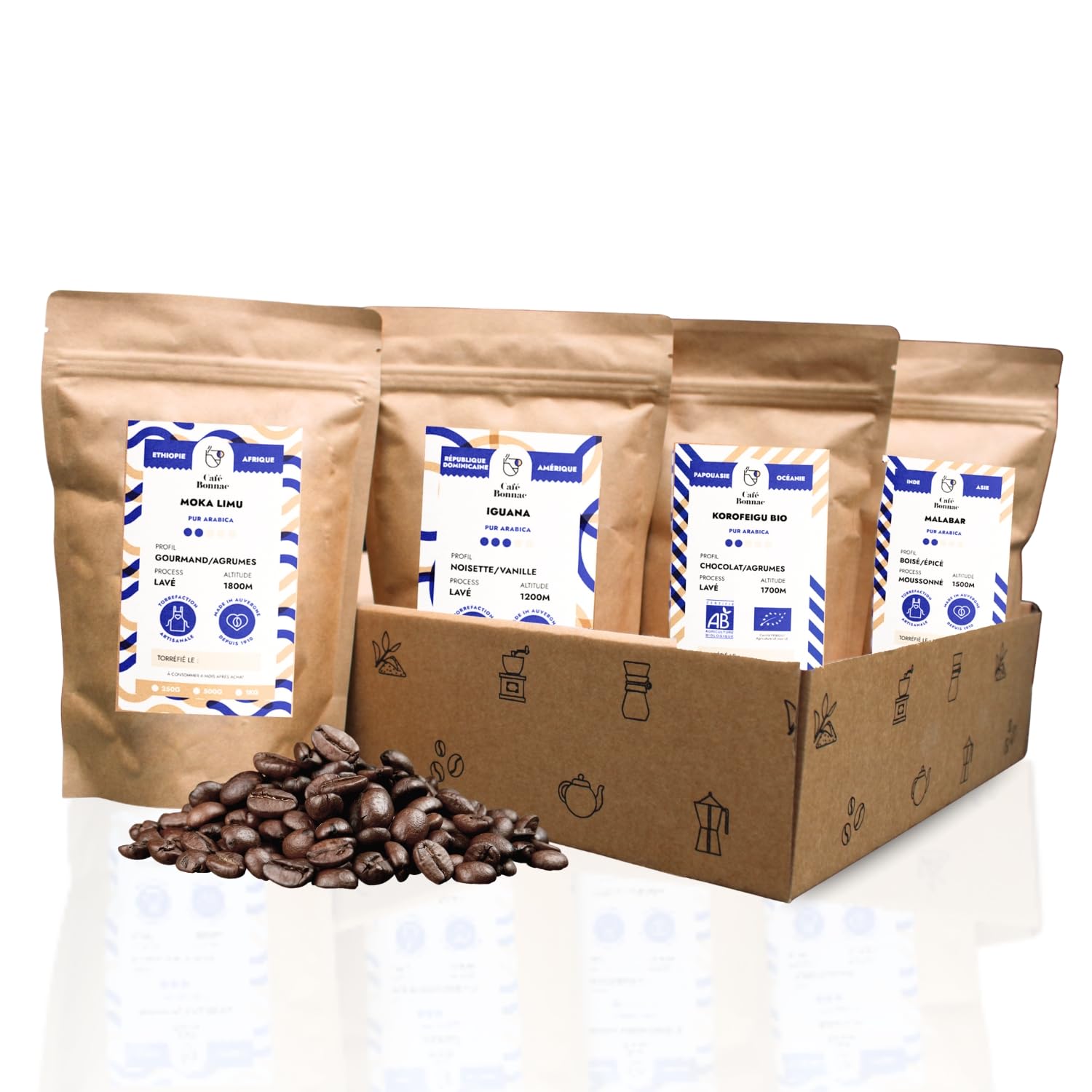 Café Bonnac – Coffret Découverte Cafés du Monde – Café en Grain – 4x250g – 100% Arabica – Éthiopie, République Dominicaine, Inde & Nouvelle-Guinée – Torréfaction Artisanale Française – Idée Cadeau
