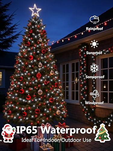 Miniatura 2 de Paquete de 4 luces solares rojas y blancas de Navidad para exteriores, impermeables, 400 luces LED de 132 pies, luces solares de hadas de alambre