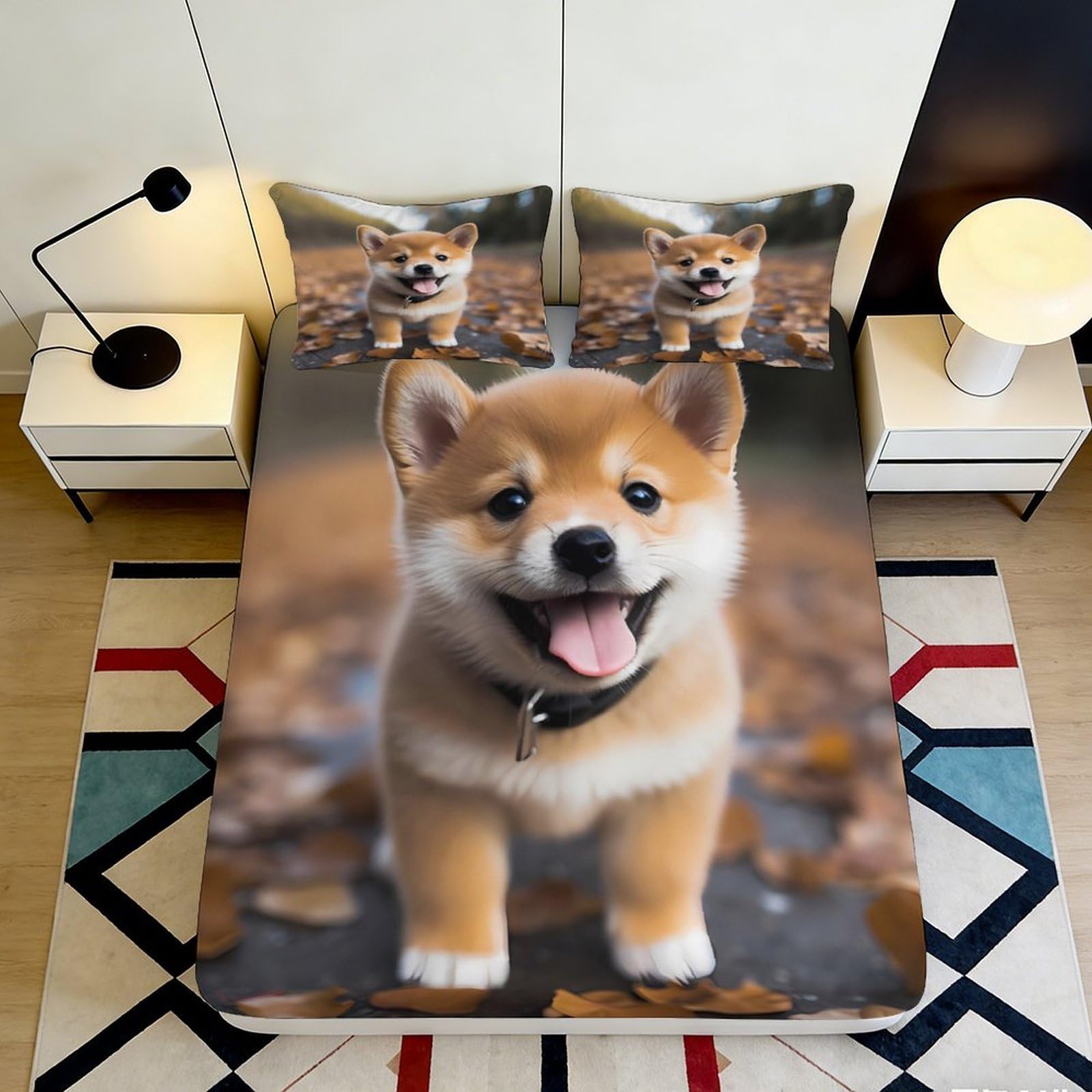 3D Printed Shiba Inu Puppy Fitted Sheet Microfiber Soft Bed Cover Autumn Leaves Mattress Cover for Bedroom Decor 90x200x25cm