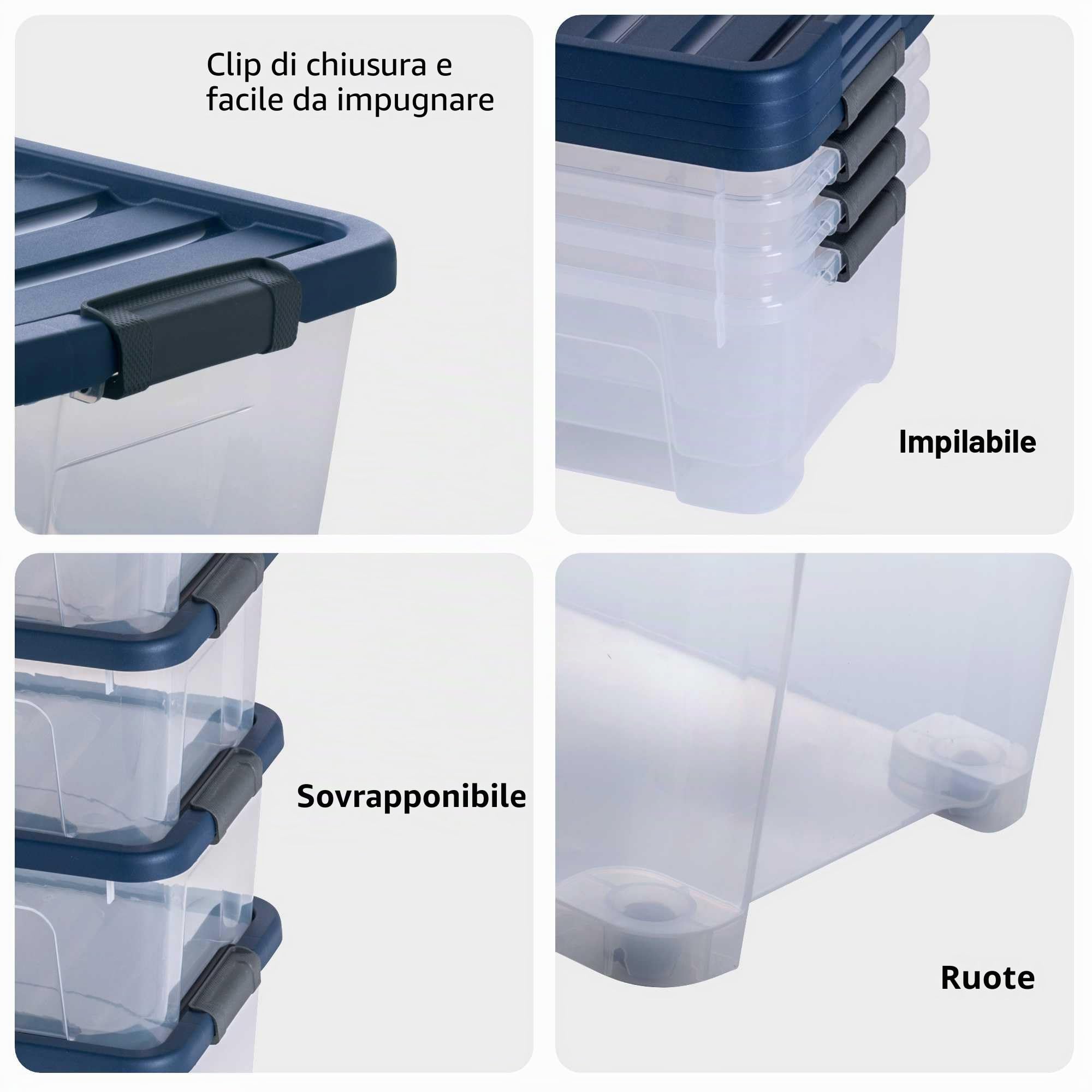 Sundis Wave Box, scatola portaoggetti 110L, con coperchio a clip | Con ruote, impilabile, plastica trasparente, ideale per riporre la camera da letto, i giocattoli, l'ufficio, la soffitta