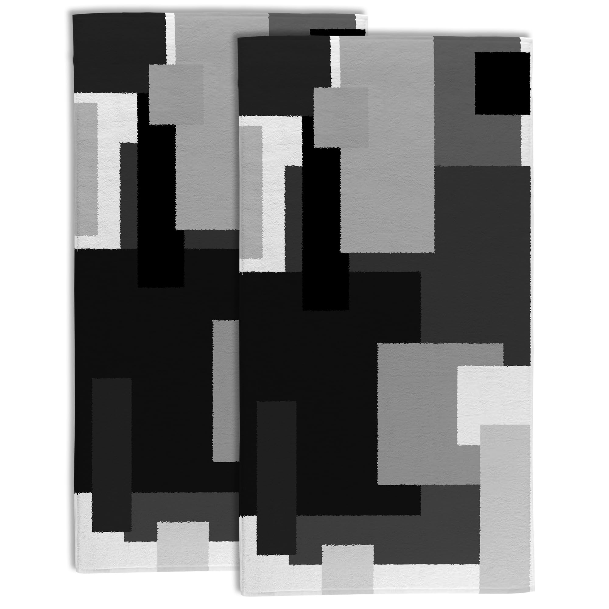 Gnhkmw Black White Grey Geometric Hand Towel Set of 2,Abstract Mid Century Checkered Art Bathroom Kitchen Hand Towel,Soft Absorbent Decorative