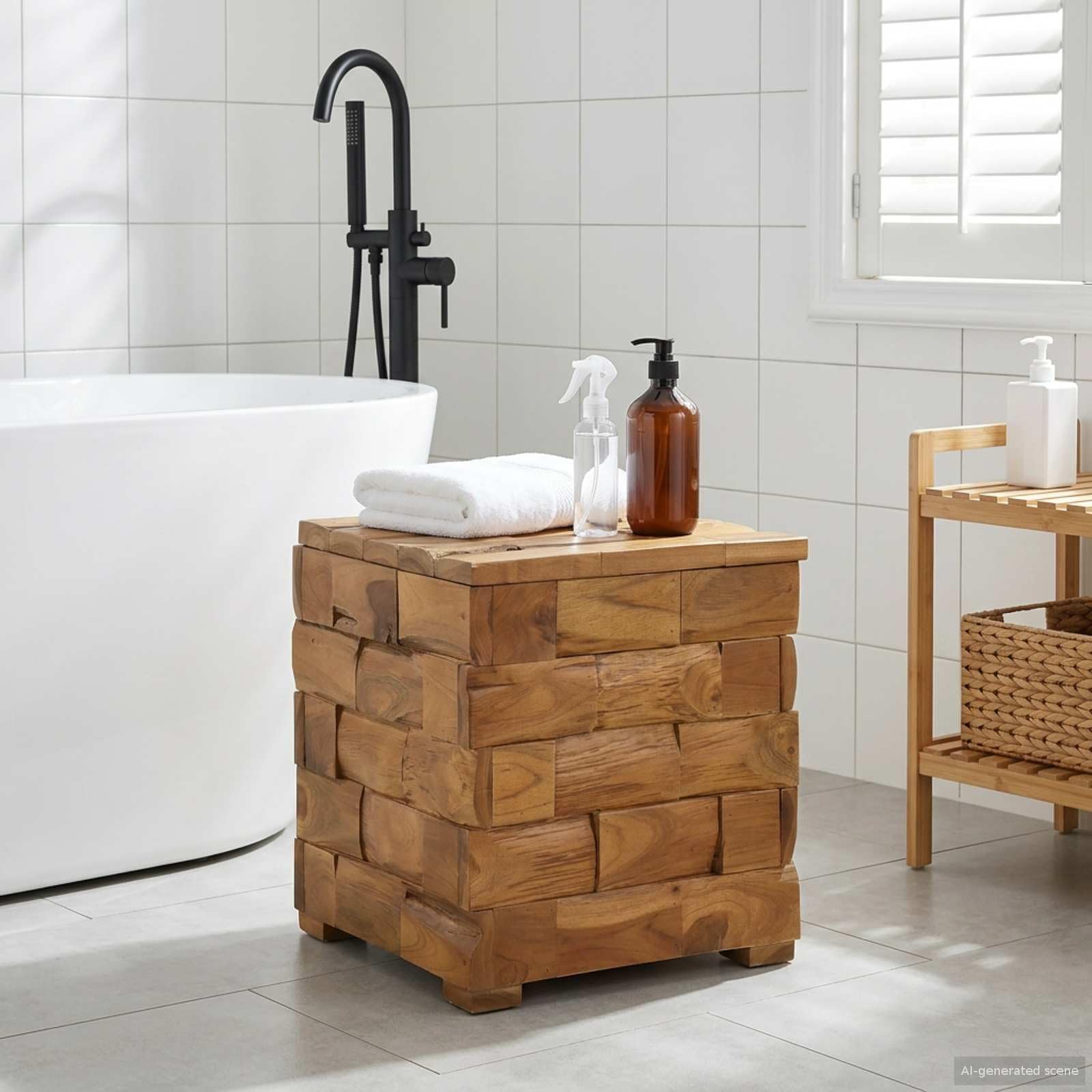 Banc polyvalent marron en bois de teck avec espace de rangement intégré pour chambre et séjour