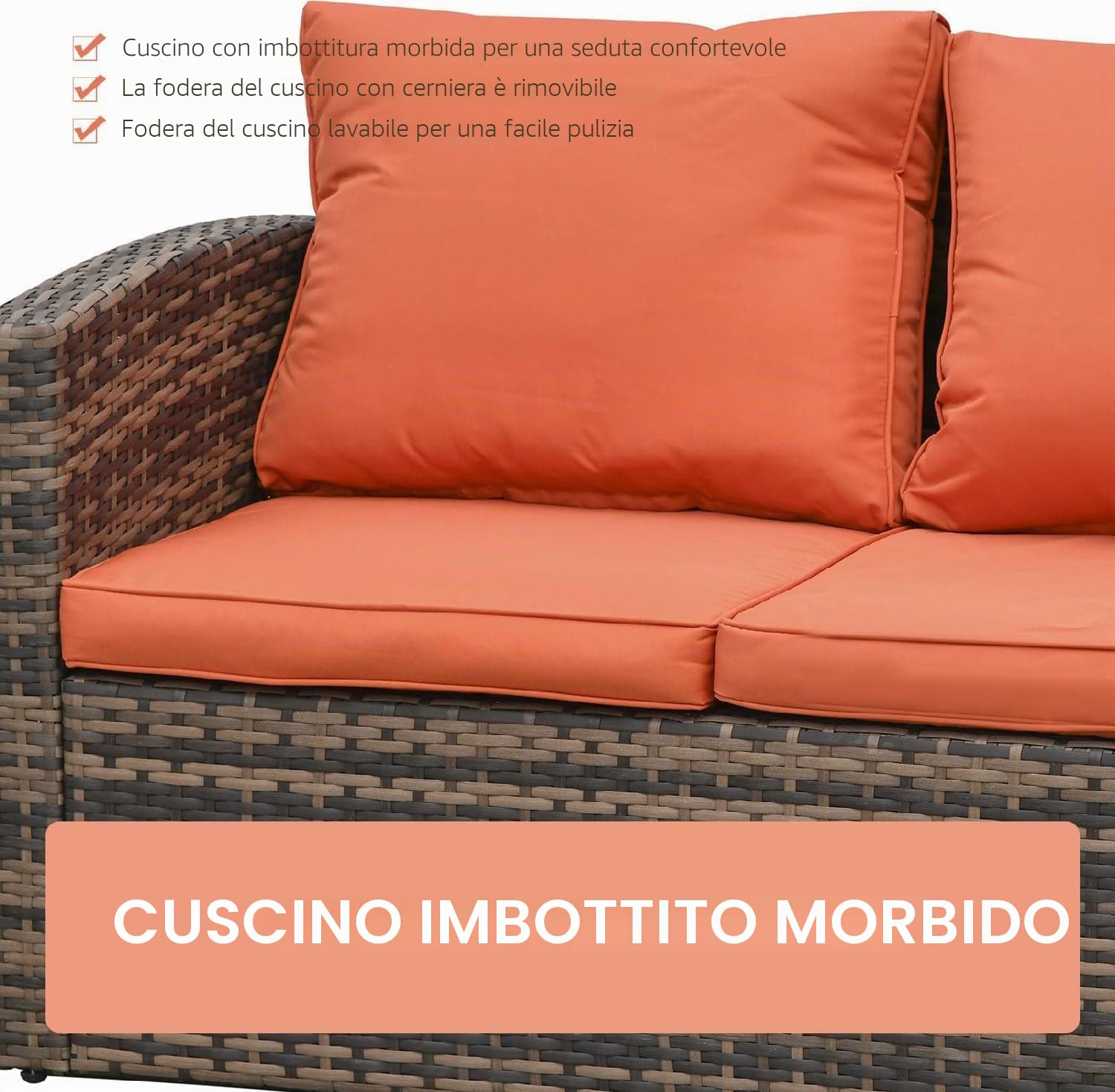 Salotto da Giardino Esterno Set Mobili 2 Divani 2 Poltrone e Tavolino con Cuscini in Rattan Pe Marrone Arancione