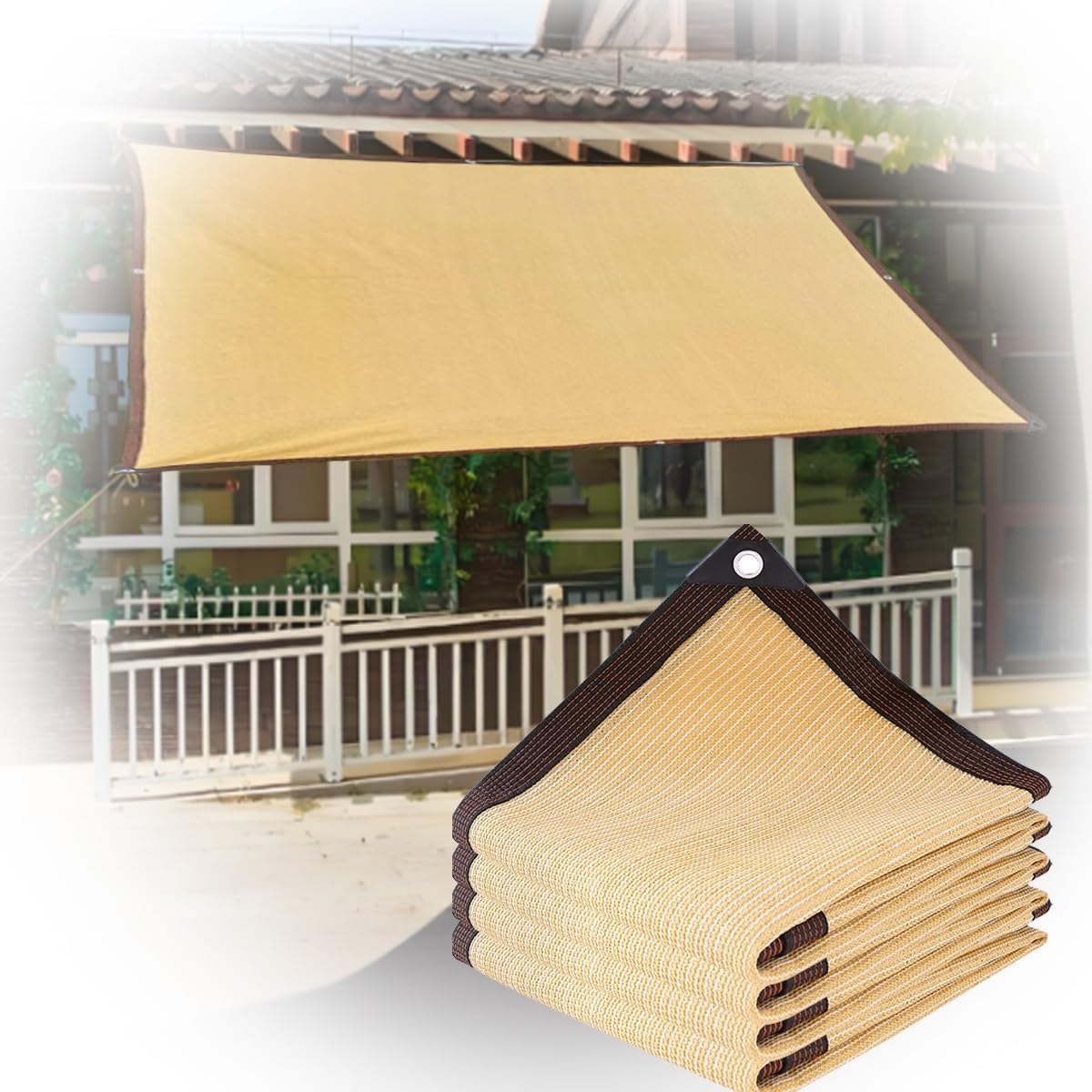 Beige Outdoor Balcony Privacy Screen Net - HDPE Water & Air Permeable Rectangle Sunblock Shade Sail with Grommets for Garden, Patio, Courtyard (3x3m)