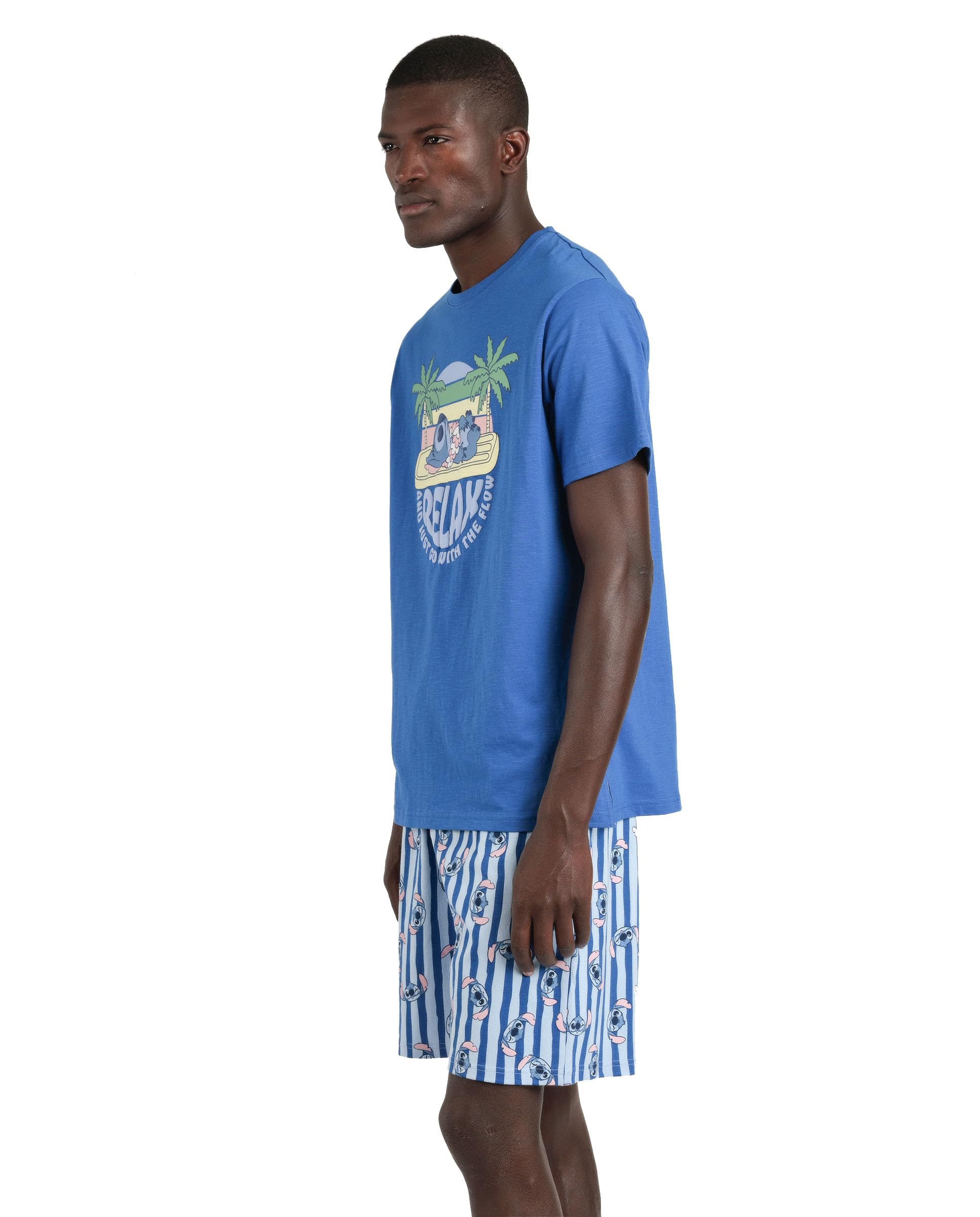 Disney Pijama Hombre Verano 100% algodón - Pijama Manga Corta Stitch Waves para Hombre – pantalón Corto con Cinturilla Ajustable Estampado – Tejido Suave al Tacto, Azul Talla XXL