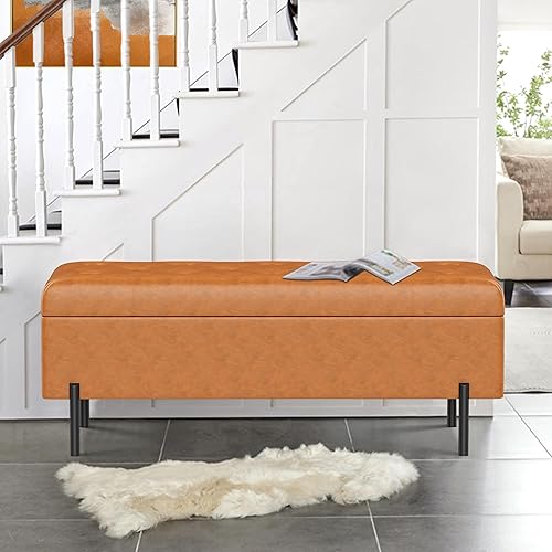 Miniatura 6 de Banco de almacenamiento de piel sintética copetudo, banco otomano tapizado con almacenamiento para dormitorio, sala de estar, entrada, banco