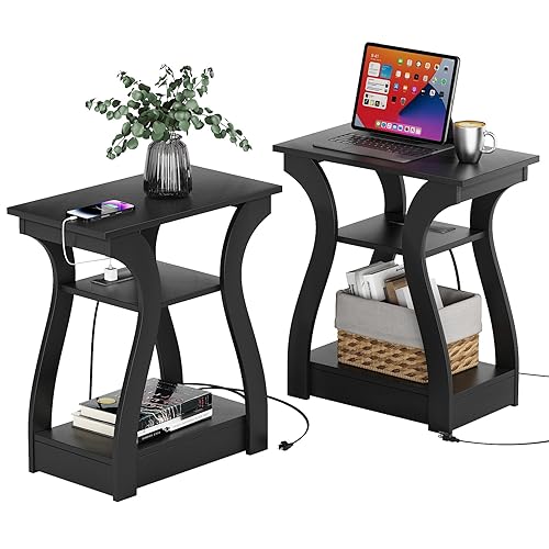 FROMJBEST Black End Table Set of 2 with Charging Station, Side Table with USB Ports and Outlets, Black Nightstand, 3 Tier End Table with Storage Shelf for Living Room, Bedroom - Black - 2
