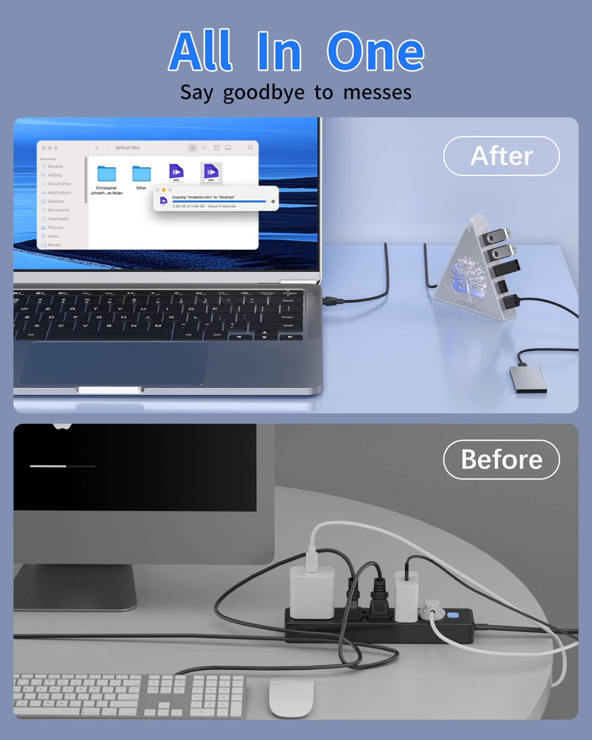 Hub USB 3.0 de 7 puertos, expansor USB vertical plateado con iluminación RGB temática de árbol, velocidad de transferencia de 5 Gbps, cable de extensión de 2 pies, para MacBook, laptop