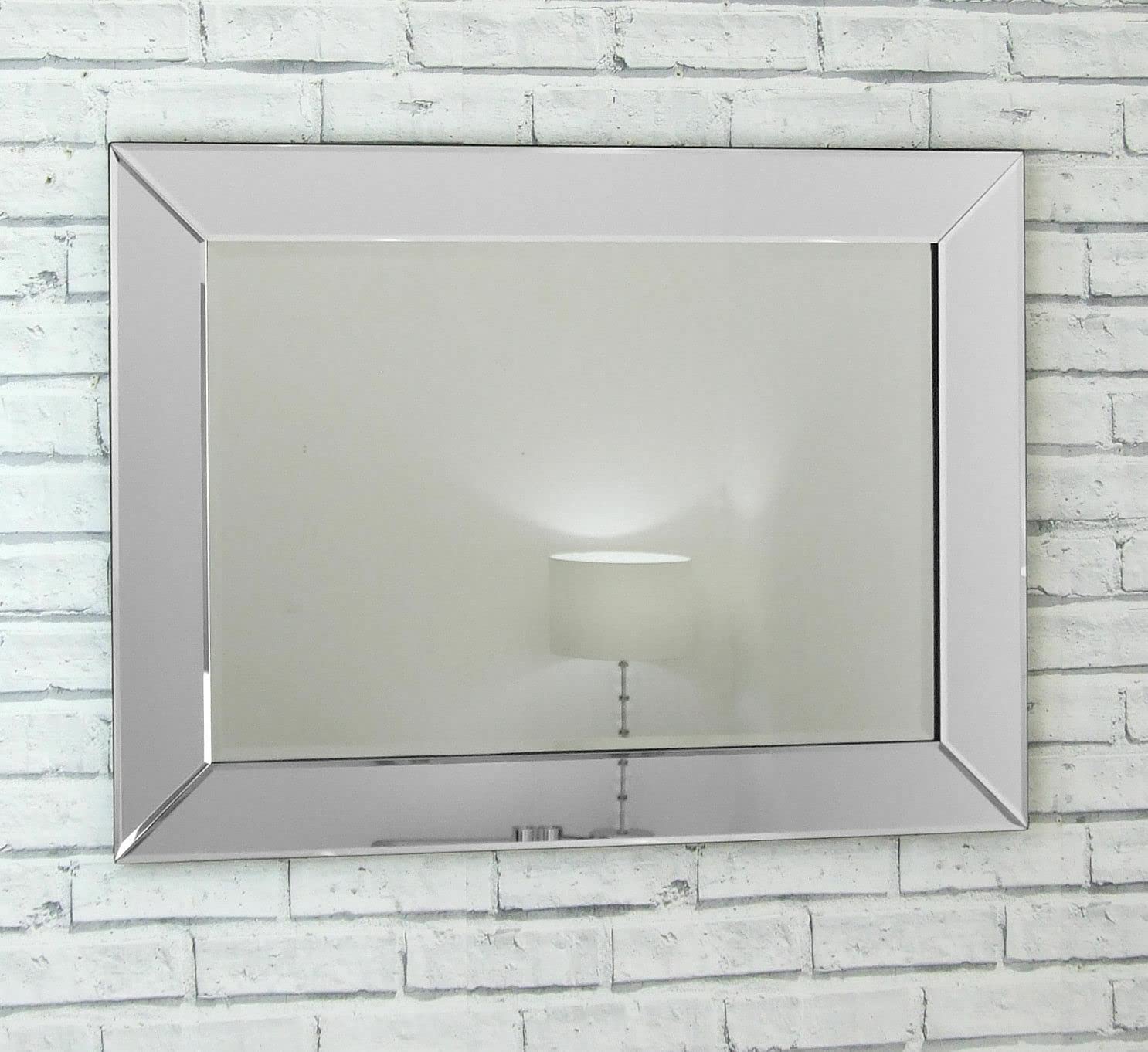 Biznest Black All Glass Frameless Mirrored Border Bevelled Mirror Silver Style Wall Mirror Bevelled Wall Mirror Bathroom Hallway Mirror 80X60cm