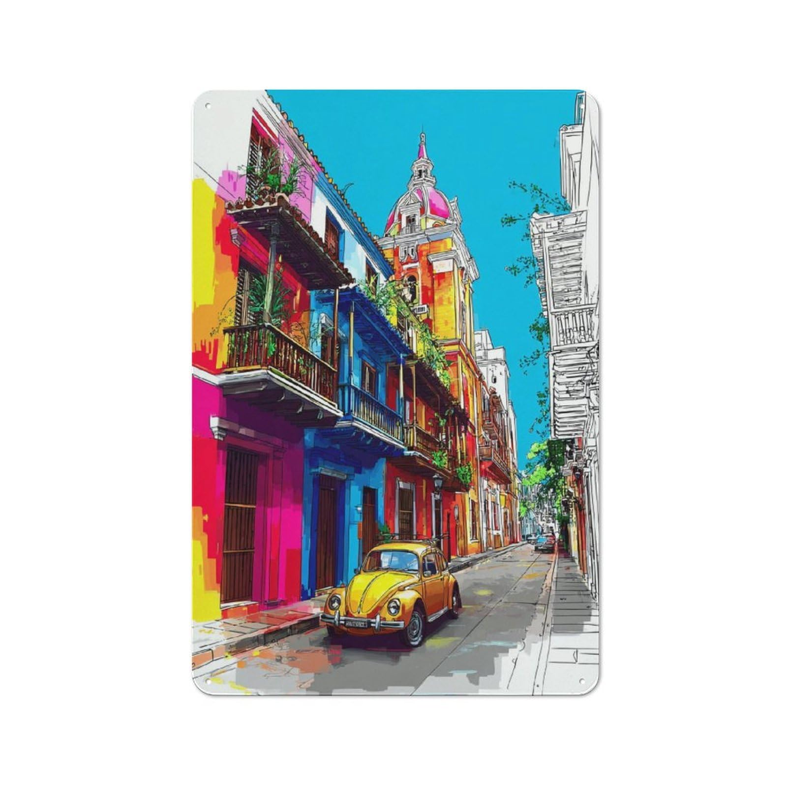 Junmoney Colorful Street Scene With Vintage Car Vintage Bistro Metal Sign 30X20cm, Bistro Wall Plaque For Takeaway, Bar, Kitchen Or Counter Area