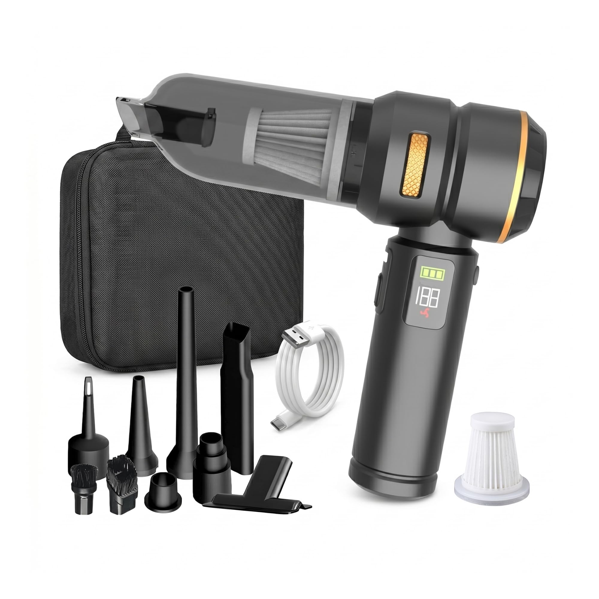 NEOVAC Aspirateur Voiture sans Fil 25000Pa – 4-en-1 Aspirateur, Souffleur, Pompe à Vide & Gonfleur, Filtre HEPA, Écran LCD, Nettoyeur Clavier & Poils d'animaux, Étui Rigide Inclus