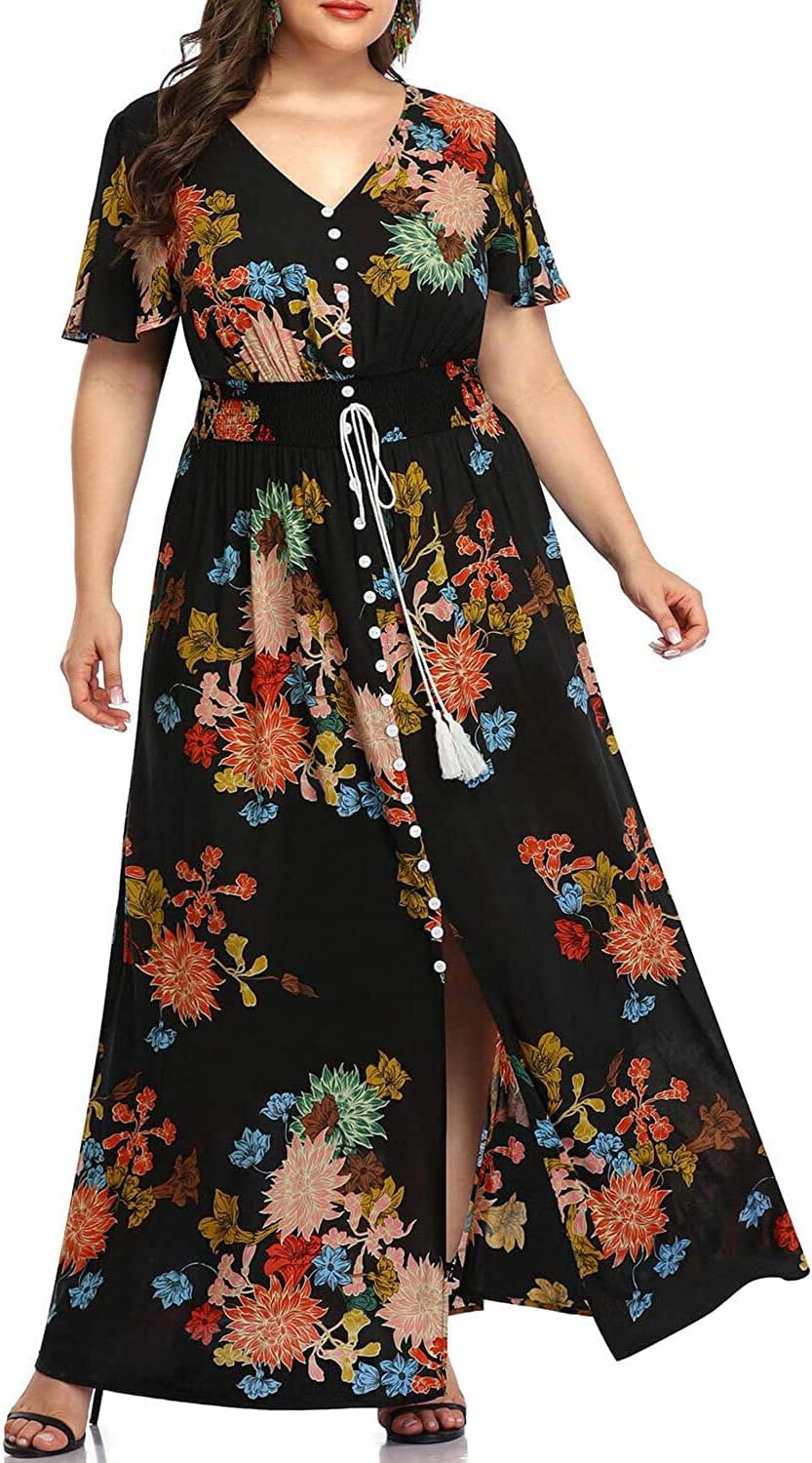 Women's Plus Size Floral Print Button Up Short Sleeve Split Flowy Beach Party Maxi Dress