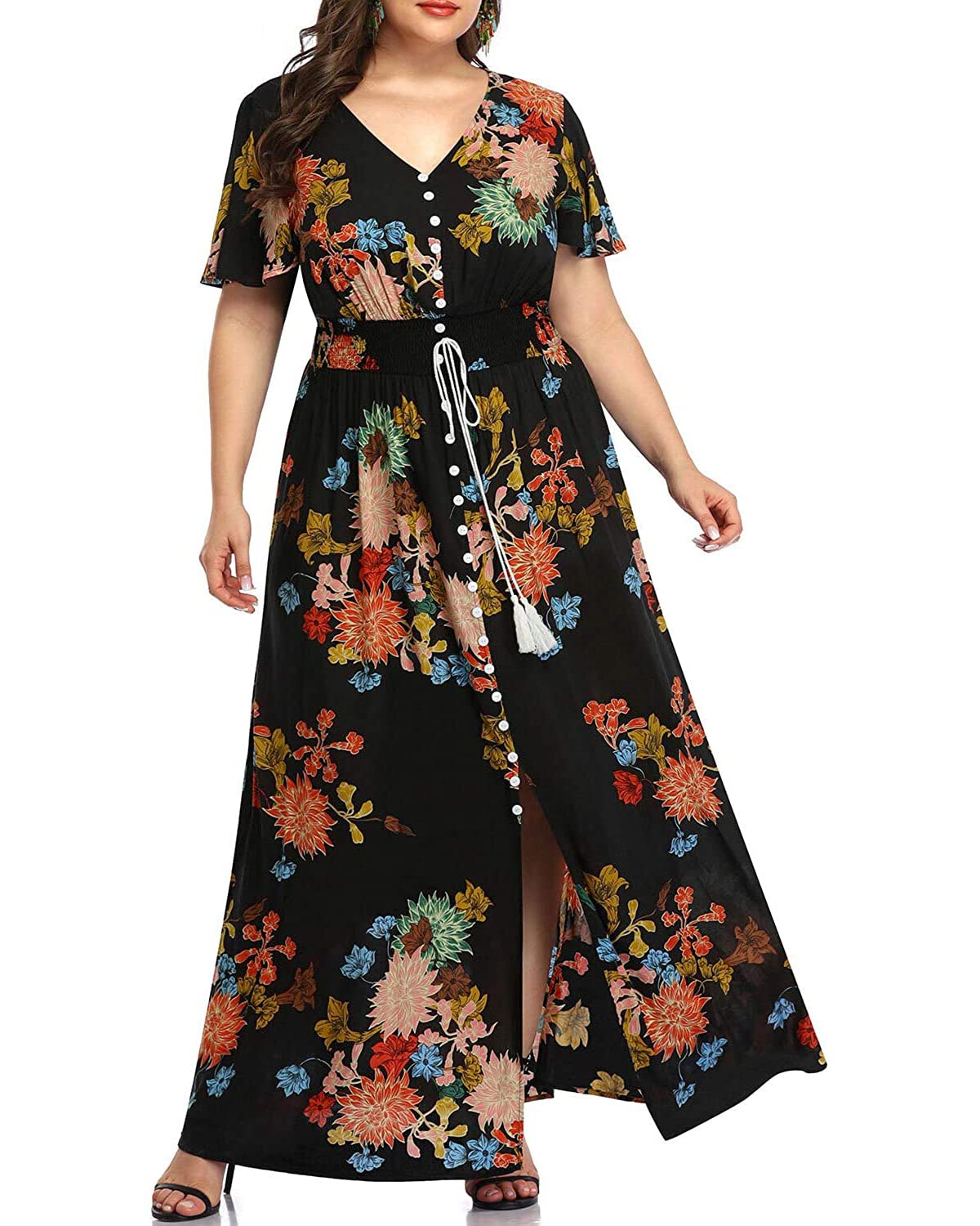 Women's Plus Size Floral Print Button Up Short Sleeve Split Flowy Beach Party Maxi Dress