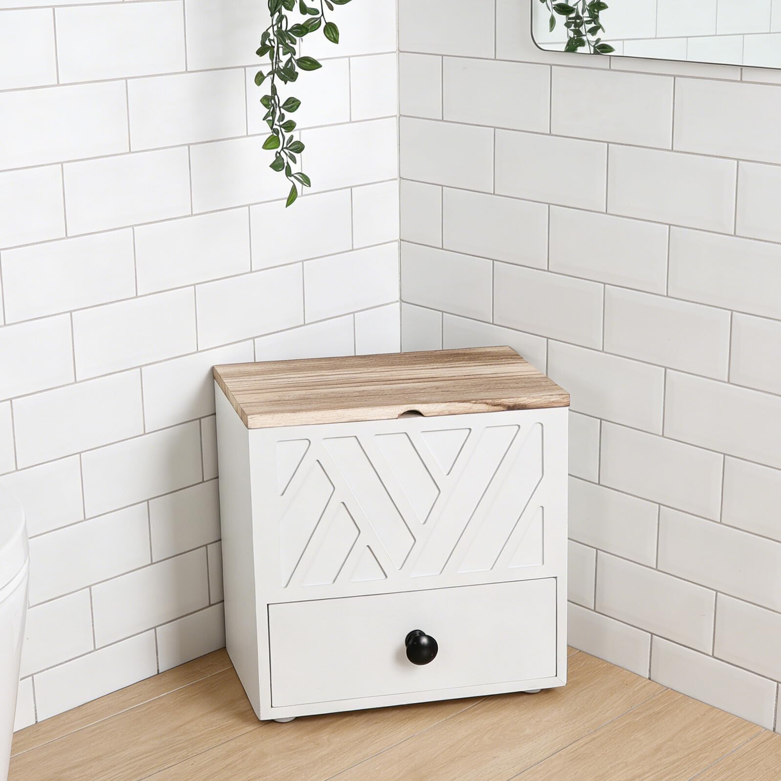 Damenhygiene Aufbewahrungsbox mit Schublade, Doppellagig | Weiß, für Badezimmer und Waschtisch, Elegante Holzmaserung, Minimalistisches Design, Praktische Entnahme